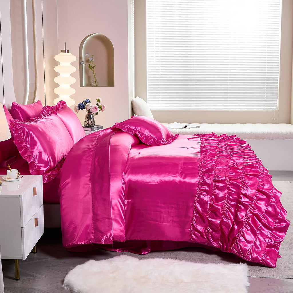Ruffle Comforter Set 8 Pieces Satin Comforter Set with Sheet Set - Waterfall Ruffle Design Luxurious Silky Comforter Set