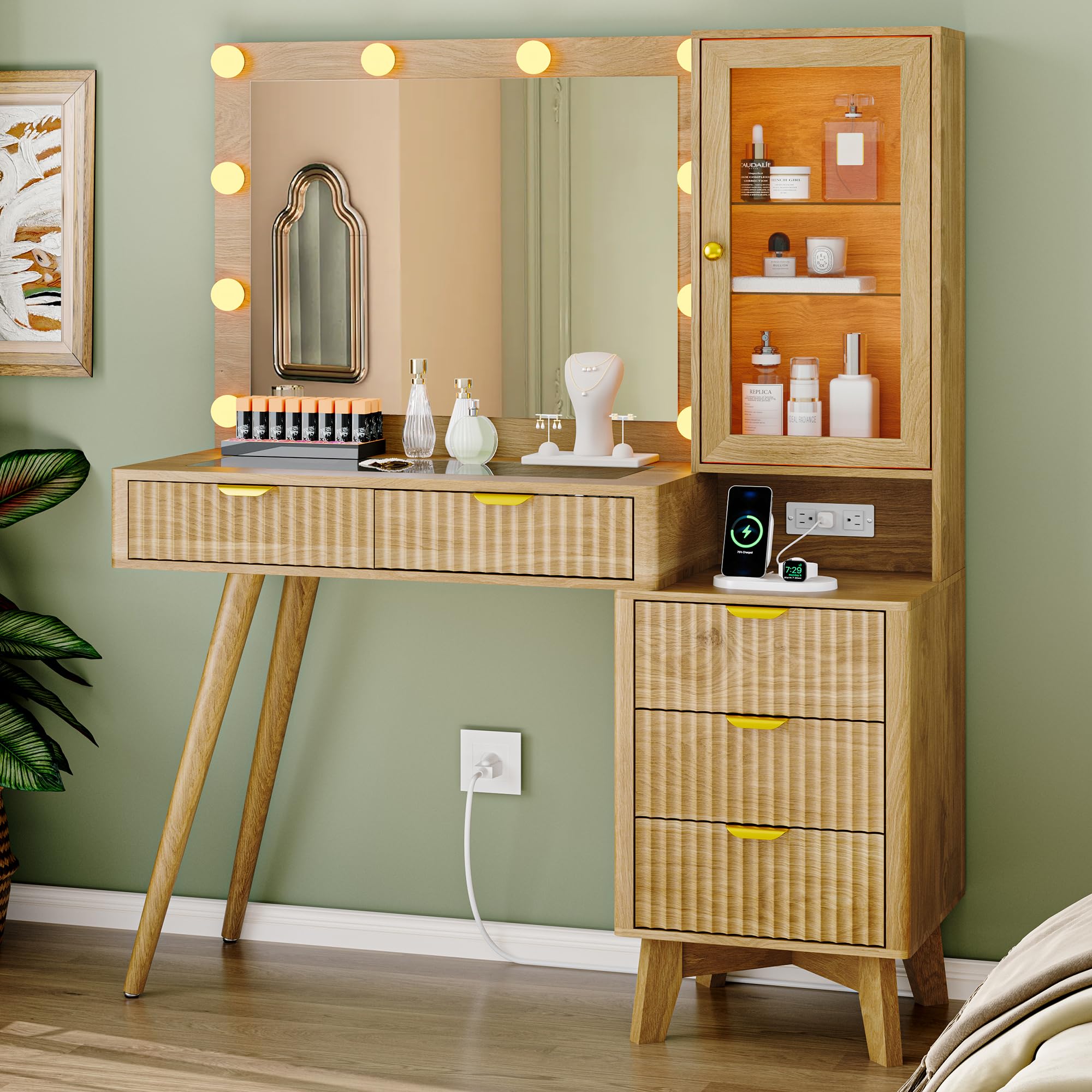 Fluted Vanity Desk with Mirror and Lights, 45" Glass Top Makeup Table Set with 5 Drawers, Power Outlet & Storage Cabinet, Large Dressing Table with RGB Ambient Light