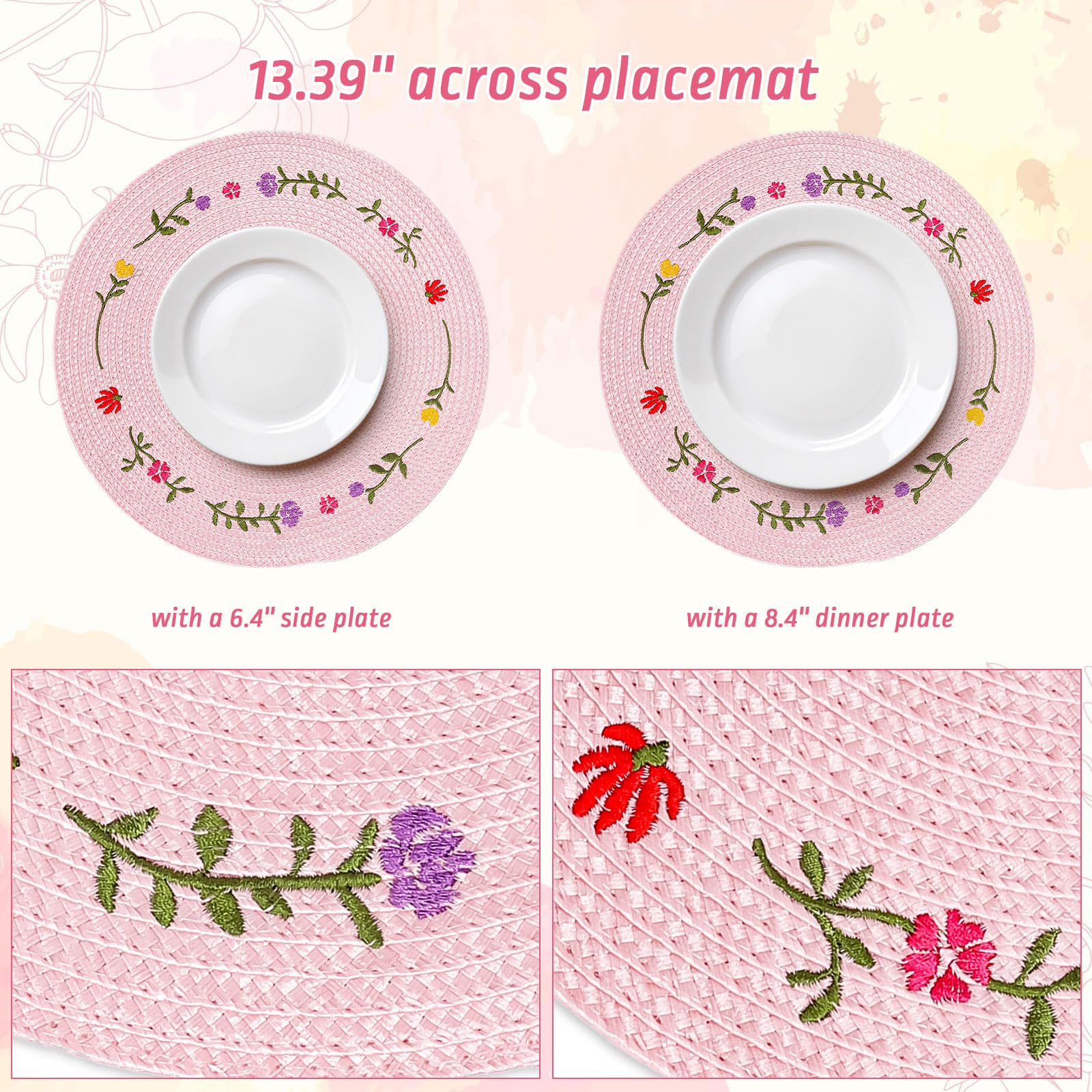 Whaline 4Pcs Round Placemats Pink Bow Embroidered Place Mats Coquette Bow Dinner Table Mats for Home Wedding Baby Shower Birthday Party Decor