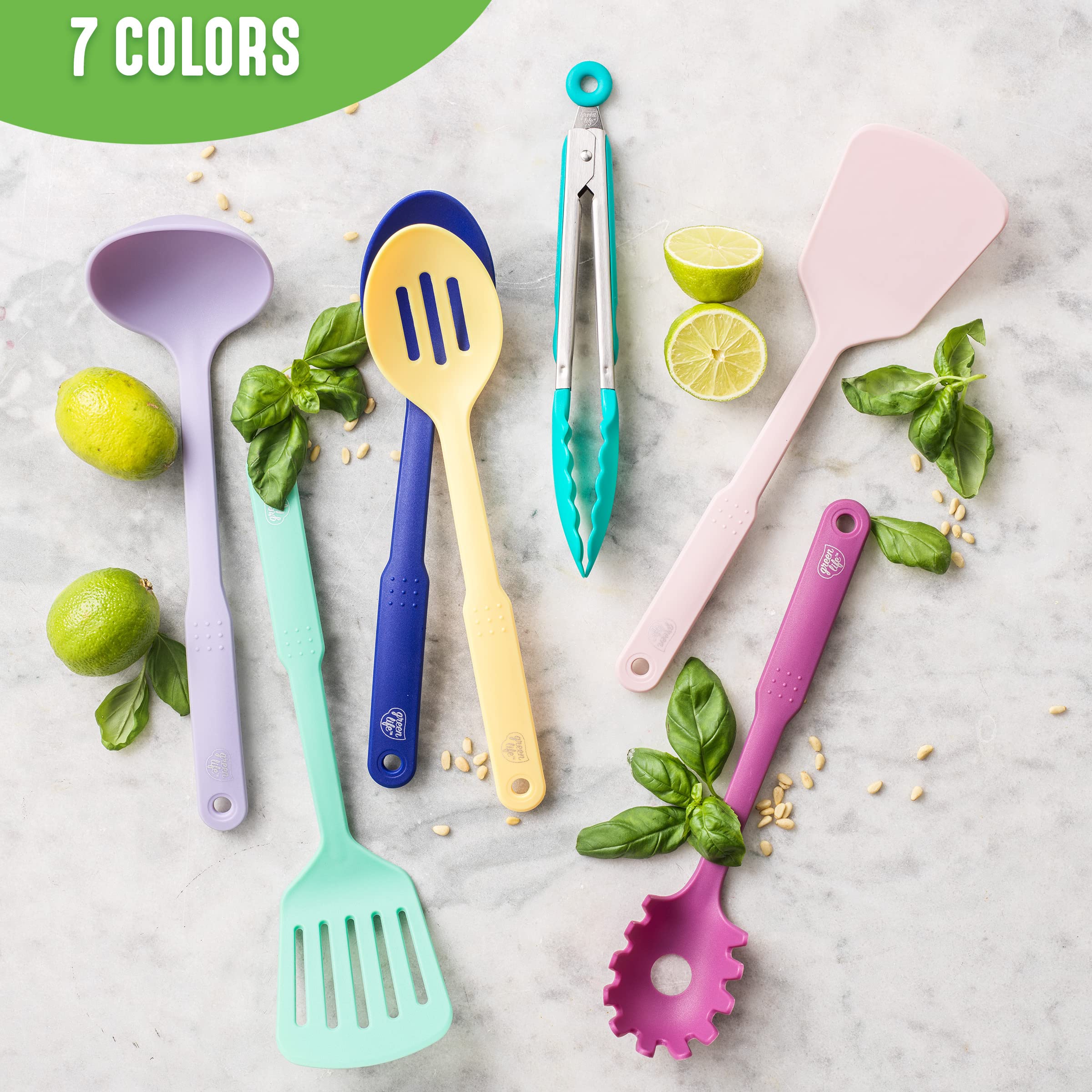 Cooking Tools and Utensils, 7 Piece Nylon Set including Spatulas Turner Spoons and Tongs, Dishwasher Safe