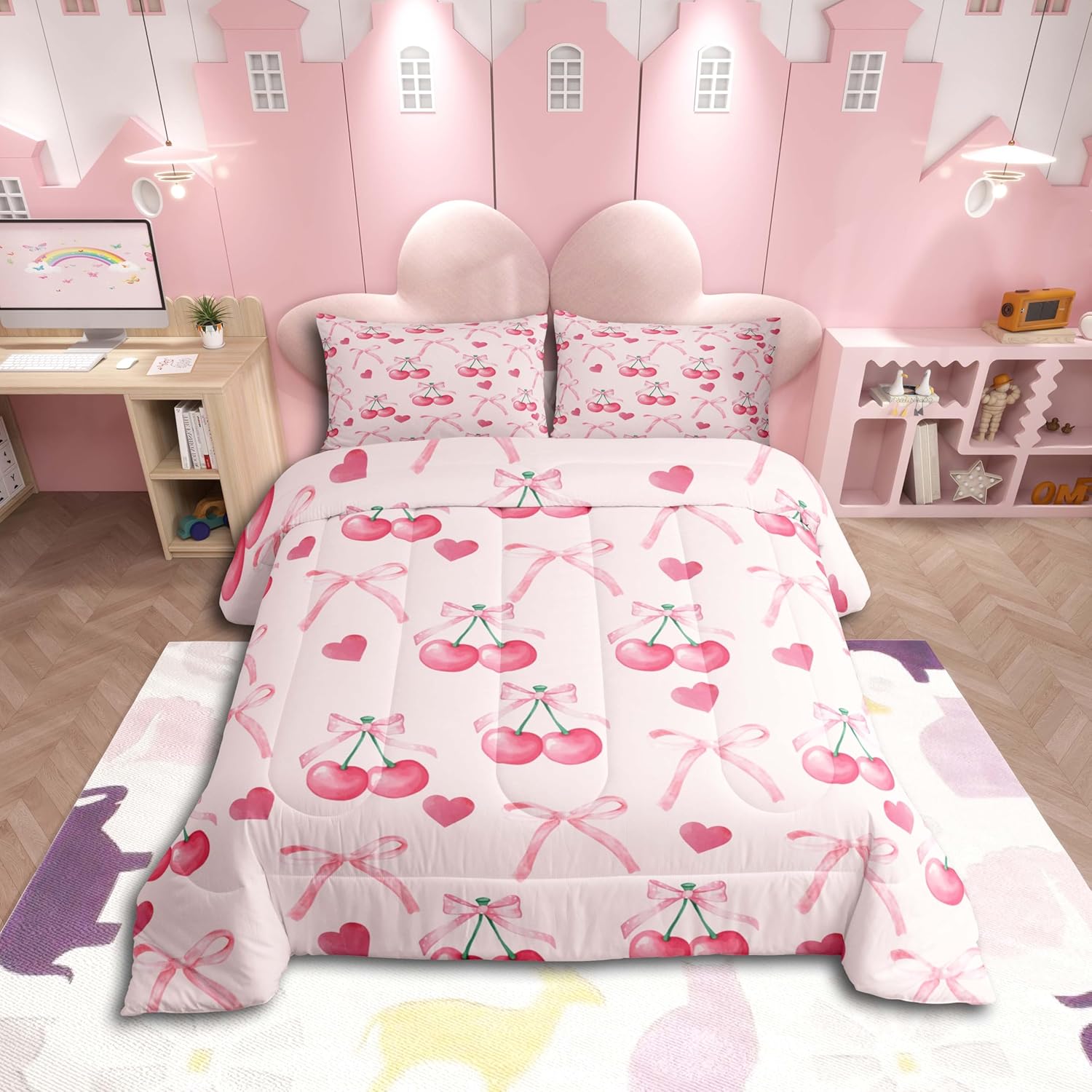 Pink Decorative Bowknot Bedding Set Comforter Set Coquette Bows Comforter Ultra Soft Decor Ribbon Bow Duvet Set