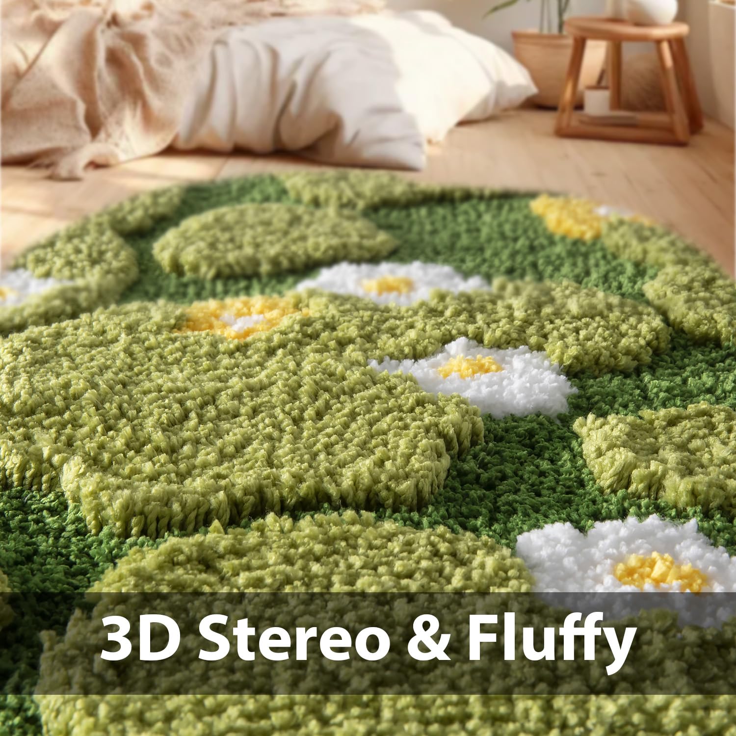 Green Moss Bathroom Rugs Bath Mat Non Slip, Ultra Soft Absorbent Aesthetic Decor Shaggy Tufted Flower Long Bath Rugs