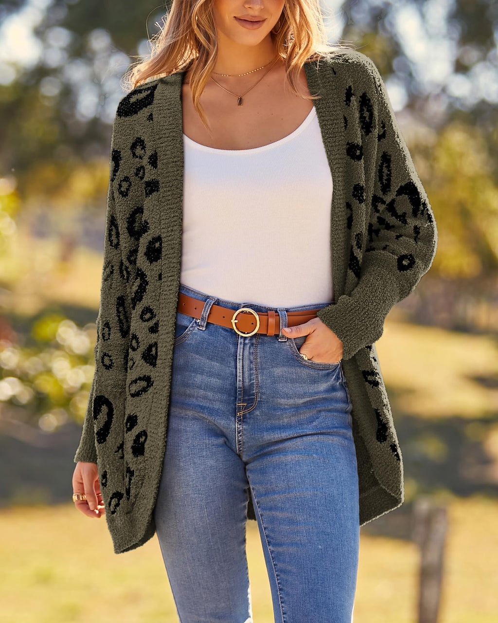 Women Fashion Leopard Print Long Sleeve Sweater Cardigan Loose Knit Open Front Fall Winter Outwear Coats