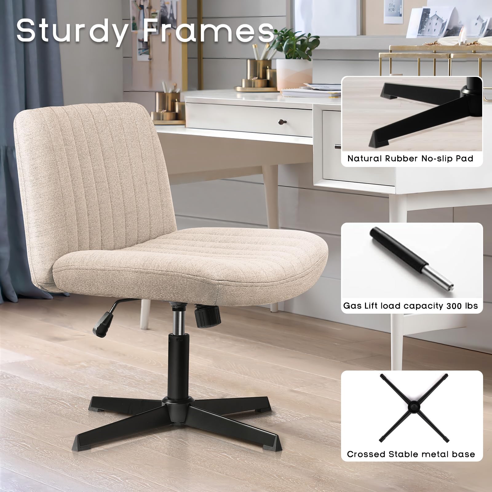 Criss Cross Chair, Armless Cross Legged Office Desk Chair No Wheels, Fabric Padded Modern Swivel Height Adjustable Mid Back Wide Seat