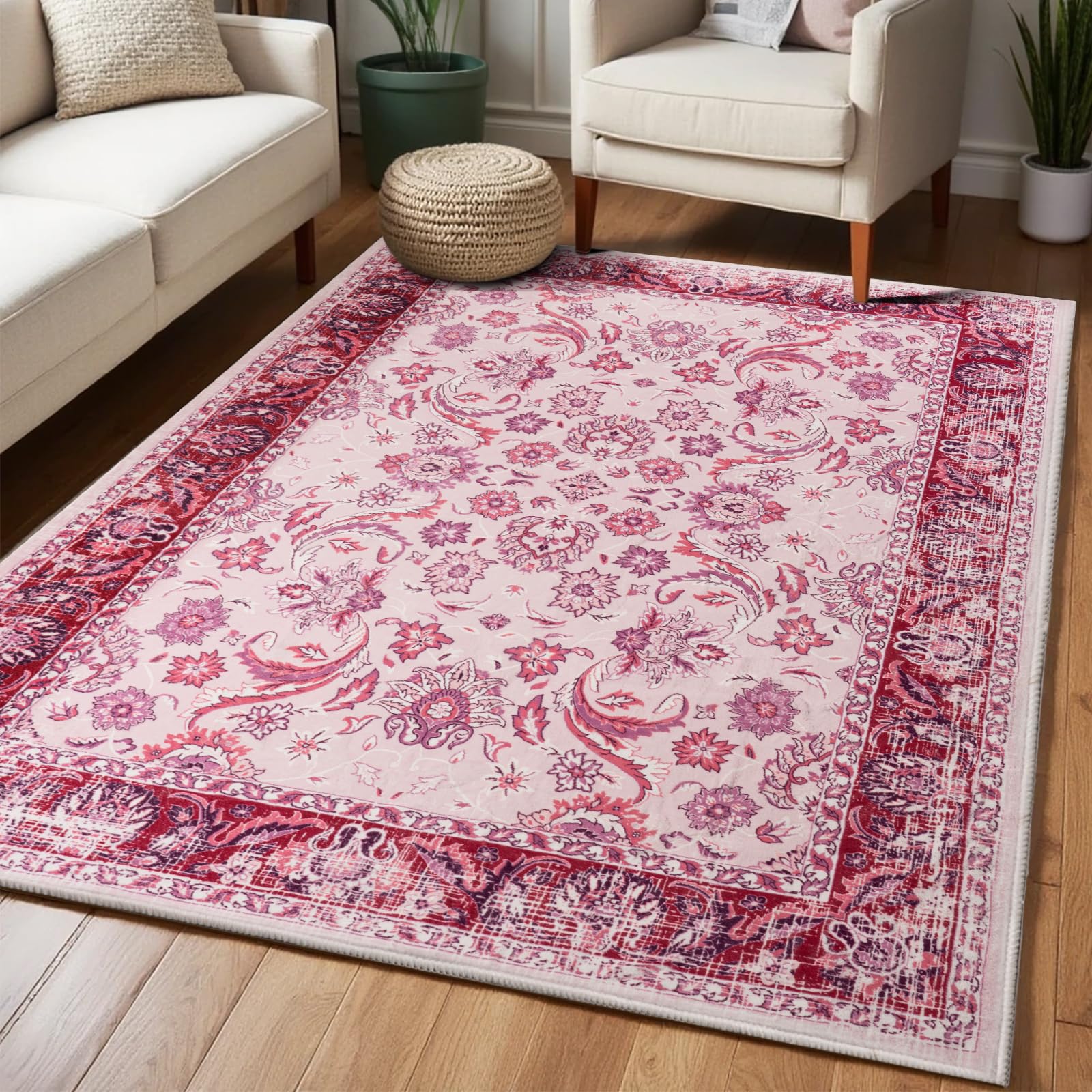 Washable Area Rugs Door Mat Entryway Vintage Floral Non-Slip Low Pile Entrance Thin Rug Carpet for Kitchen Bathroom Living Room Pink