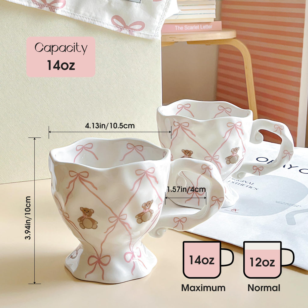 Handmade Kawaii Ceramic Mug with Pink Bow and Cute Bear â€?14 oz Novelty Cup