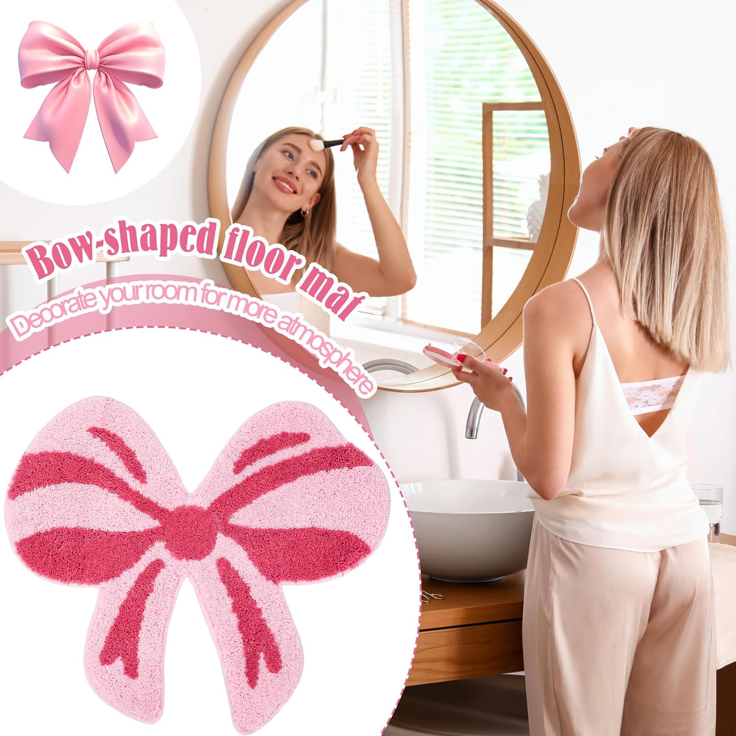Pink Bow Bathroom Mat, 28 x 24 Inch Non Slip Bath Rugs Coquette Bow Bathmat Pink Bowknot Bathroom Rugs Bowknot Shaped Rug