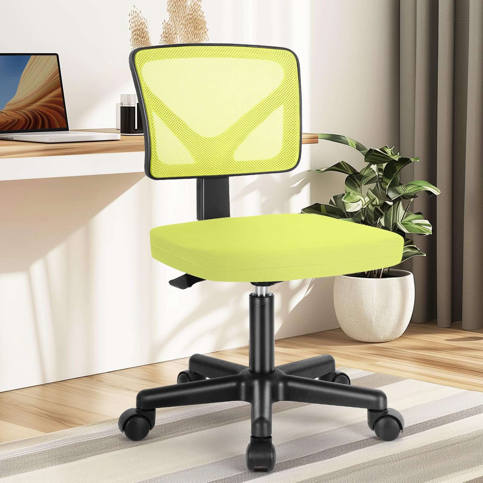 Vanity Swivel Armless Desk Chairs with Wheels, Ergonomic Adjustable Home Office Rolling Task Chair, Comfy Mesh Mid Back
