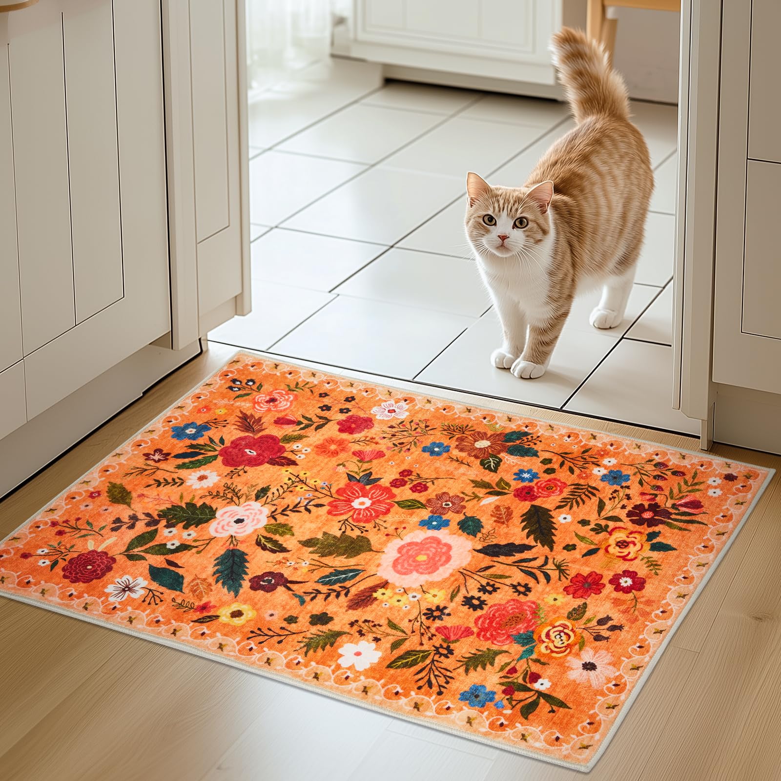 Boho Floral Vintage Rug for Home Washable Rugs Soft Low Pile, Non Slip Non-Shedding