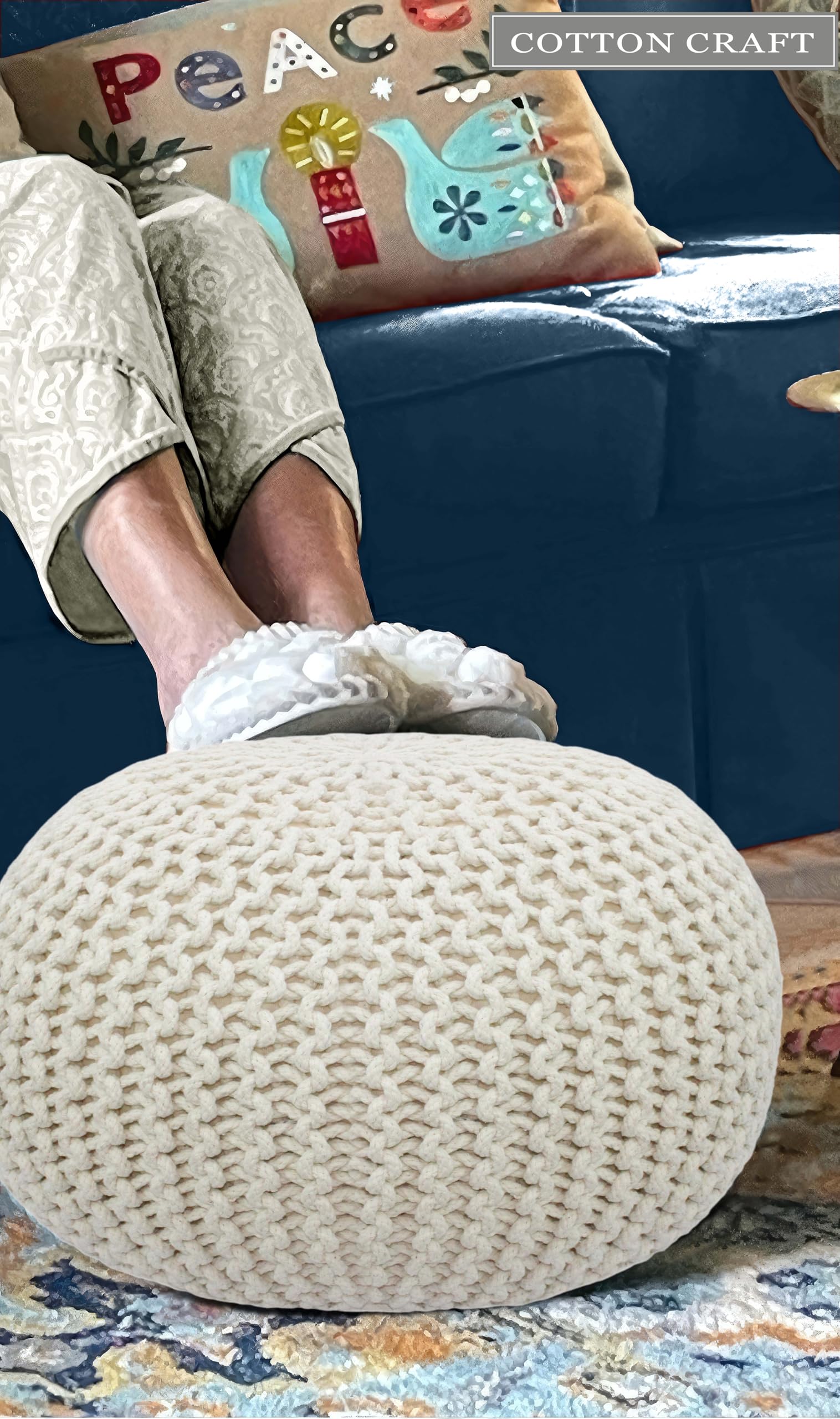Hand-Knitted Cotton Round Pouf â€?Braid Cord Ottoman, Footrest, and Accent Seat for Living Room, Nursery, Kids Room, or Dorm Décor â€?20x14