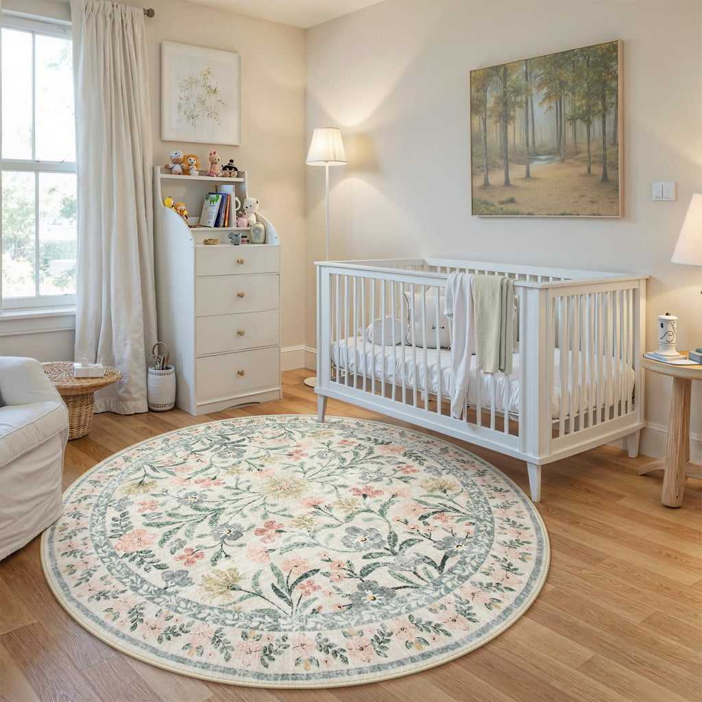 Machine Washable Boho Soft Floral Carpet Non Slip, Indoor Ultra-Thin Floor Carpet for Kid Room Living Room Dorm