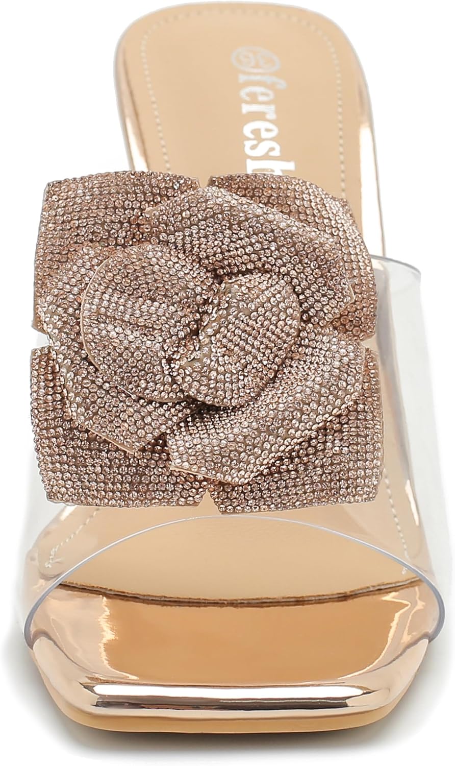 Women's Crystal Flower Heels Square Toe Heeled Sandals