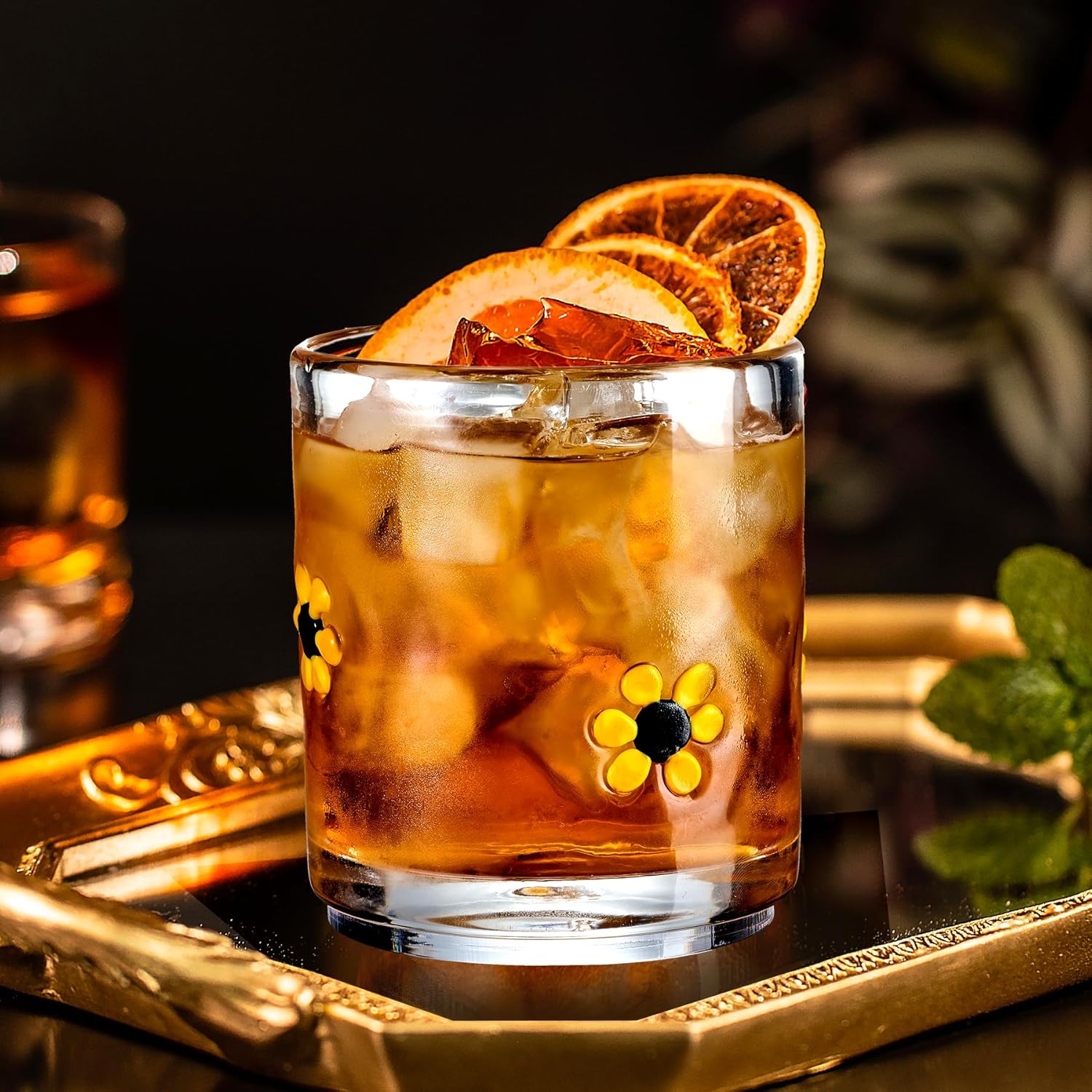 Sunflower Embossed Rocks Glasses â€?Set of 2, 14 oz Mexican Old Fashioned Whiskey Glasses with Heavy Base, Dishwasher Safe
