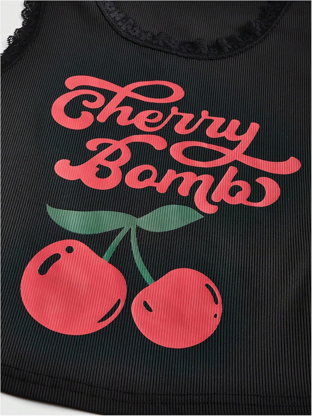 Women's Crewneck Letter Cherry Print Lace Tank Top Rib Knit Vest Top