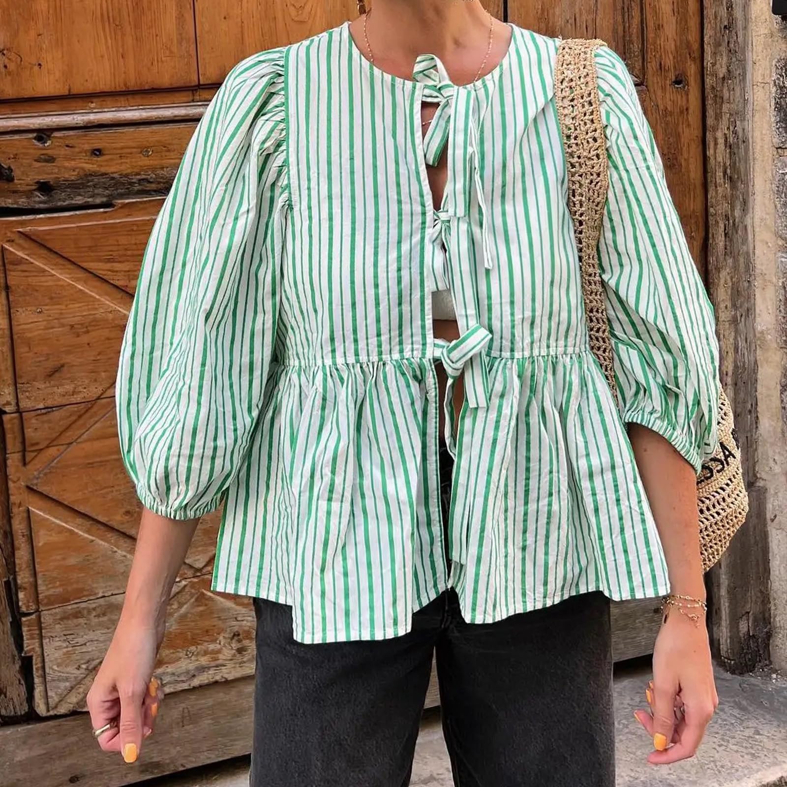 Tie Front Tops Womens Y2k Print Peplum Babydoll Top 3/4 Length Puff Sleeve Coquette Cute Going Out Tops