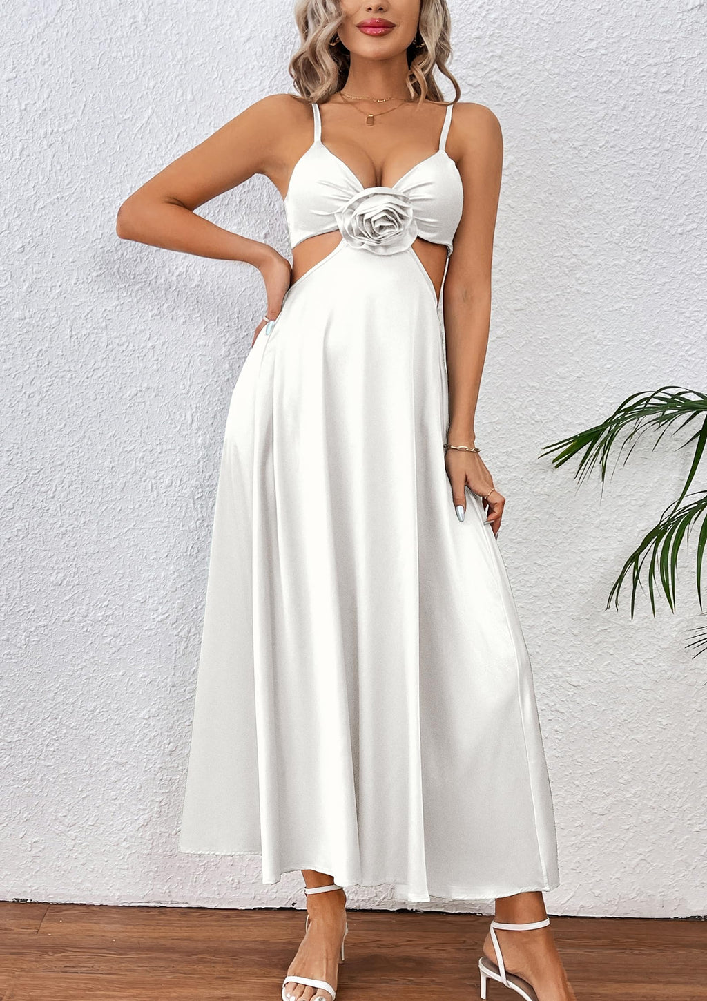 Women Satin Slip Padded Long Dress V Neck Adjustable Straps Backless Party Casual Dress 3D Flower Sundress