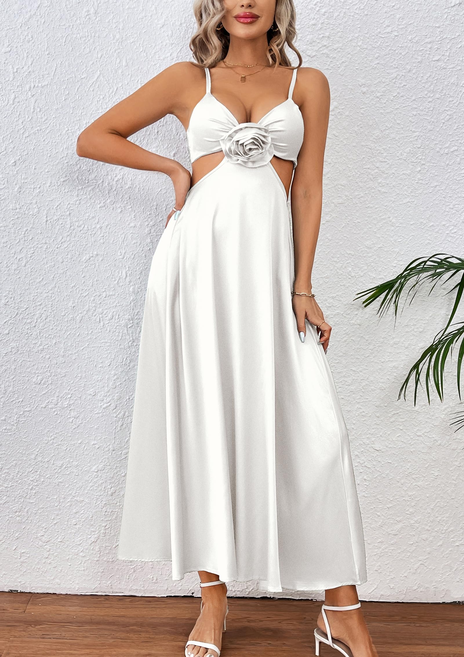 Women Satin Slip Padded Long Dress V Neck Adjustable Straps Backless Party Casual Dress 3D Flower Sundress