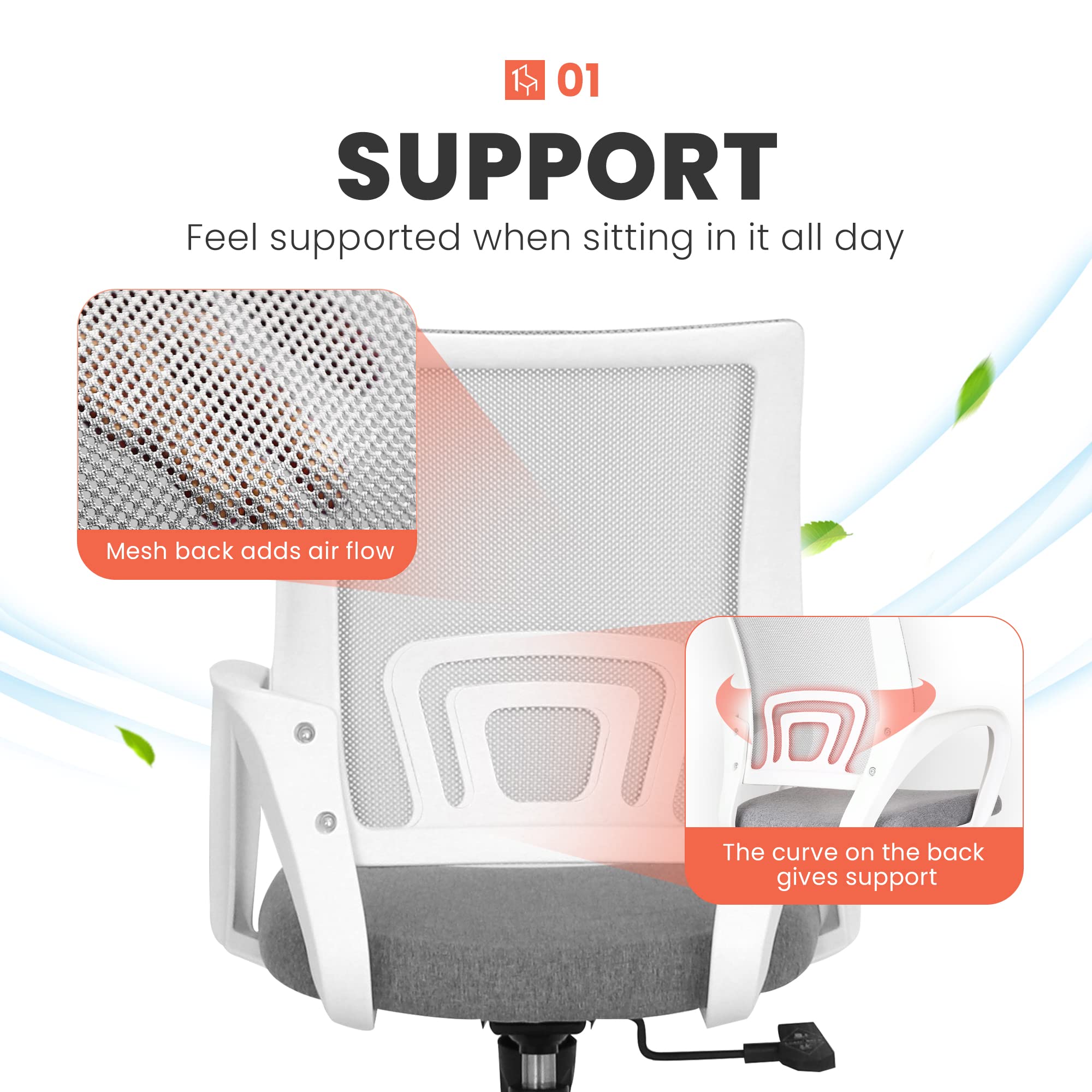 Office Desk Computer Chair Ergonomic Mesh Gaming Mid Back Seat with Comfy Lumbar Support Adjustable Height Swivel
