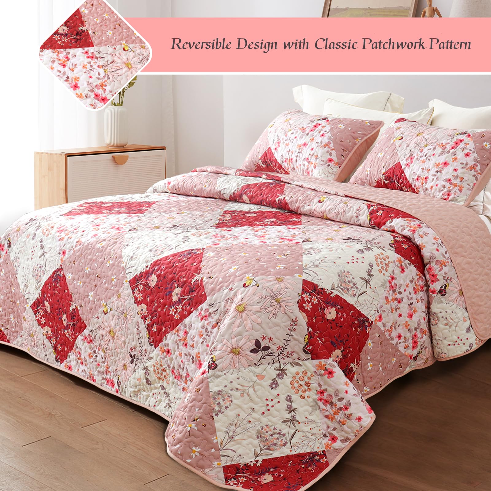 Reversible Patchwork Quilts Full Size, Lightweight Boho Printed Bedspreads Coverlets Quilt Bedding Set with 2 Pillow Shams