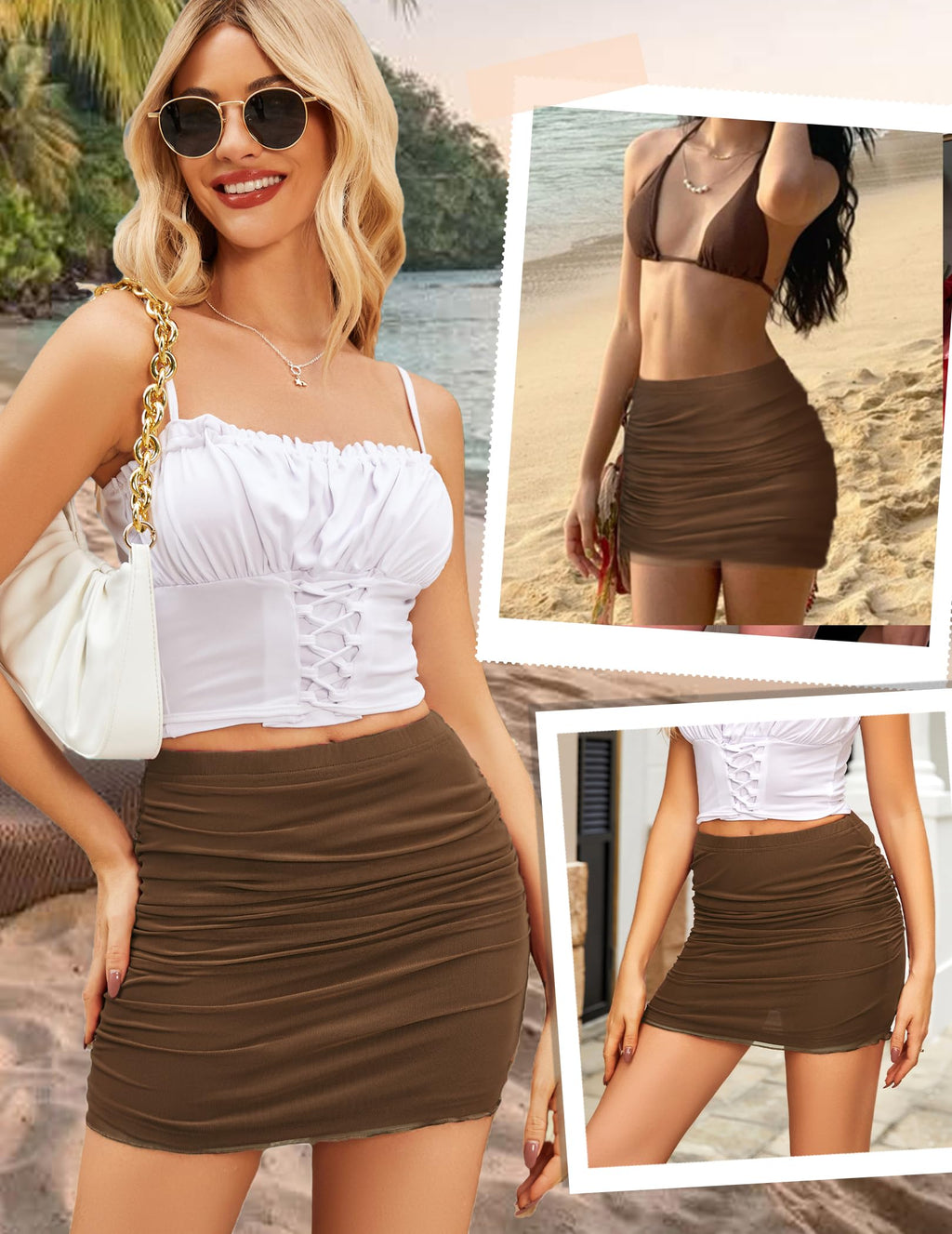 Women Sexy Skirt Ruched Bodycon Double Layer Club Skirt Lettuce Trim