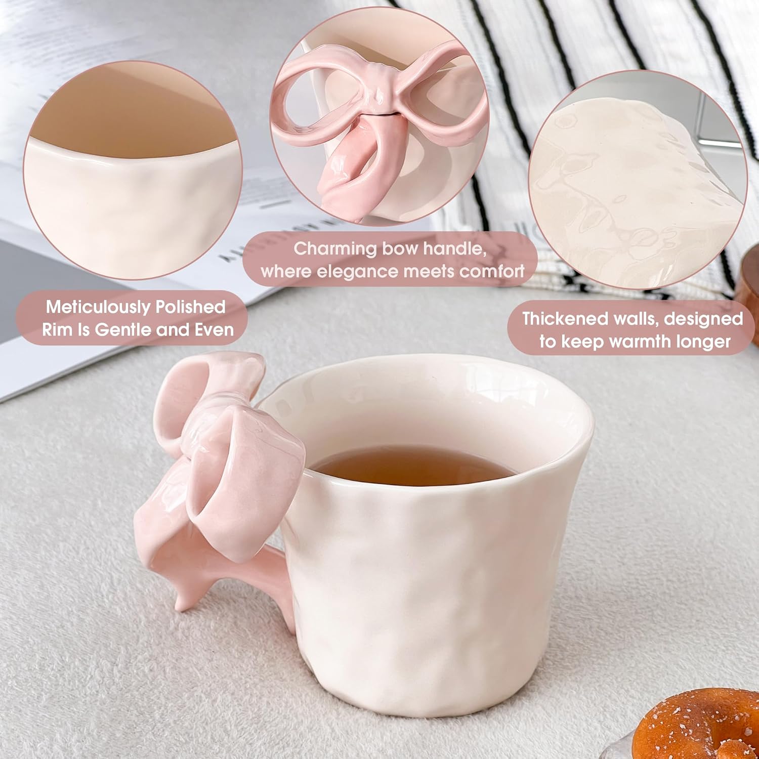 Ceramic Mug with Pink Bow Handle - Cute Girly Cup for 14oz/440ml, Handmade Kawaii Mug