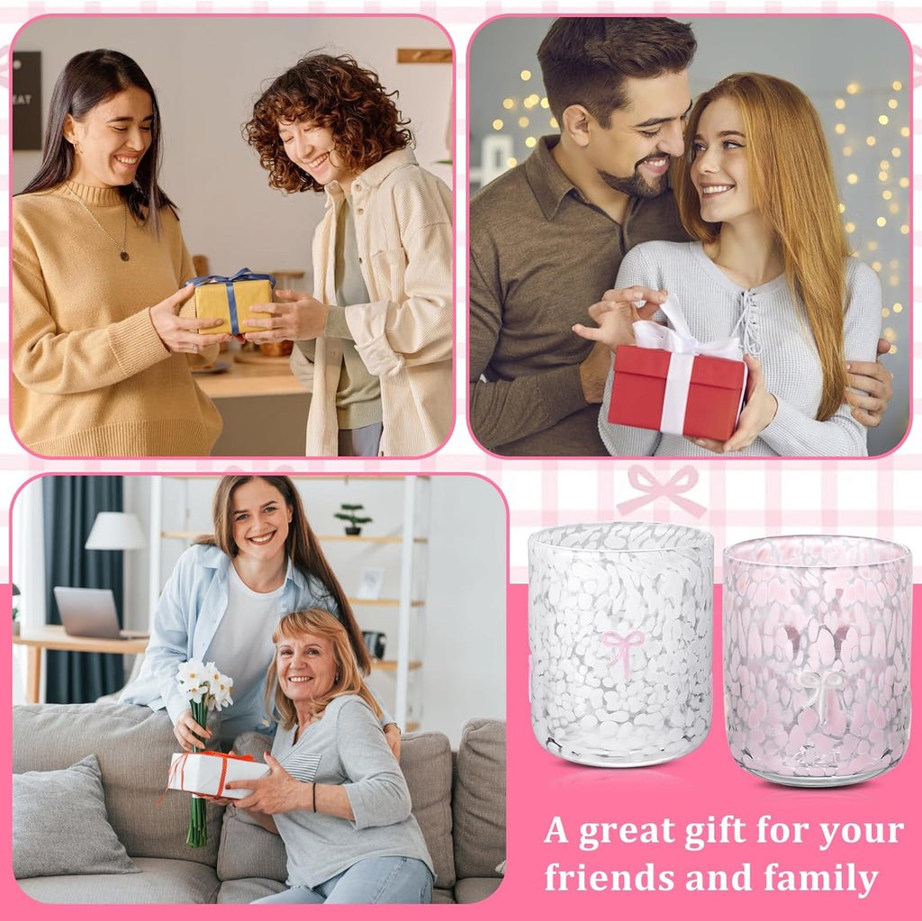 Coquette Aesthetic 2 Pack Bow Juice Glasses Glass Cups 14 oz Double Old Fashioned Icon Handblown Stemless Wine Glasses Cute Pink Glass