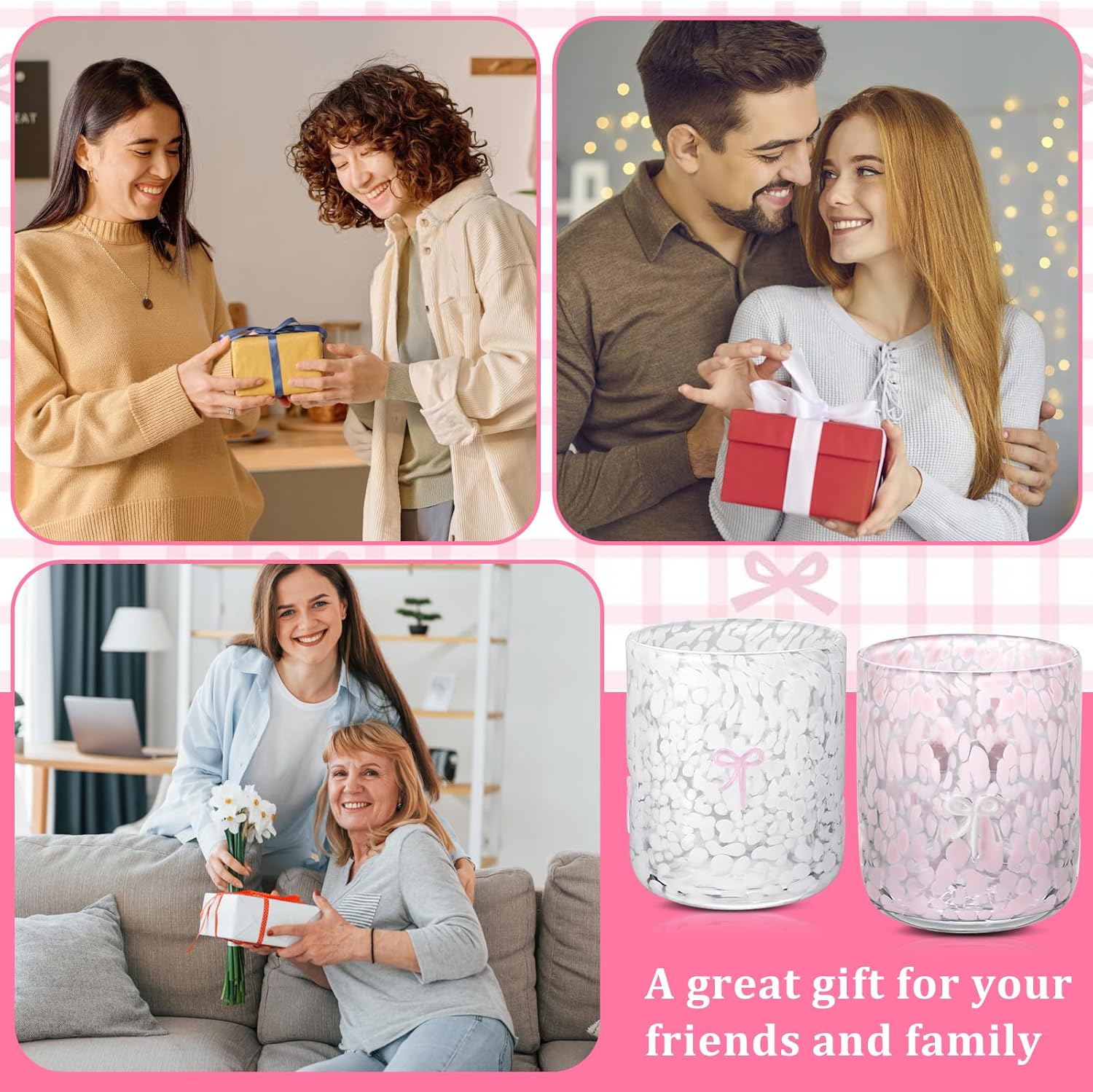 Coquette Aesthetic 2 Pack Bow Juice Glasses Glass Cups 14 oz Double Old Fashioned Icon Handblown Stemless Wine Glasses Cute Pink Glass