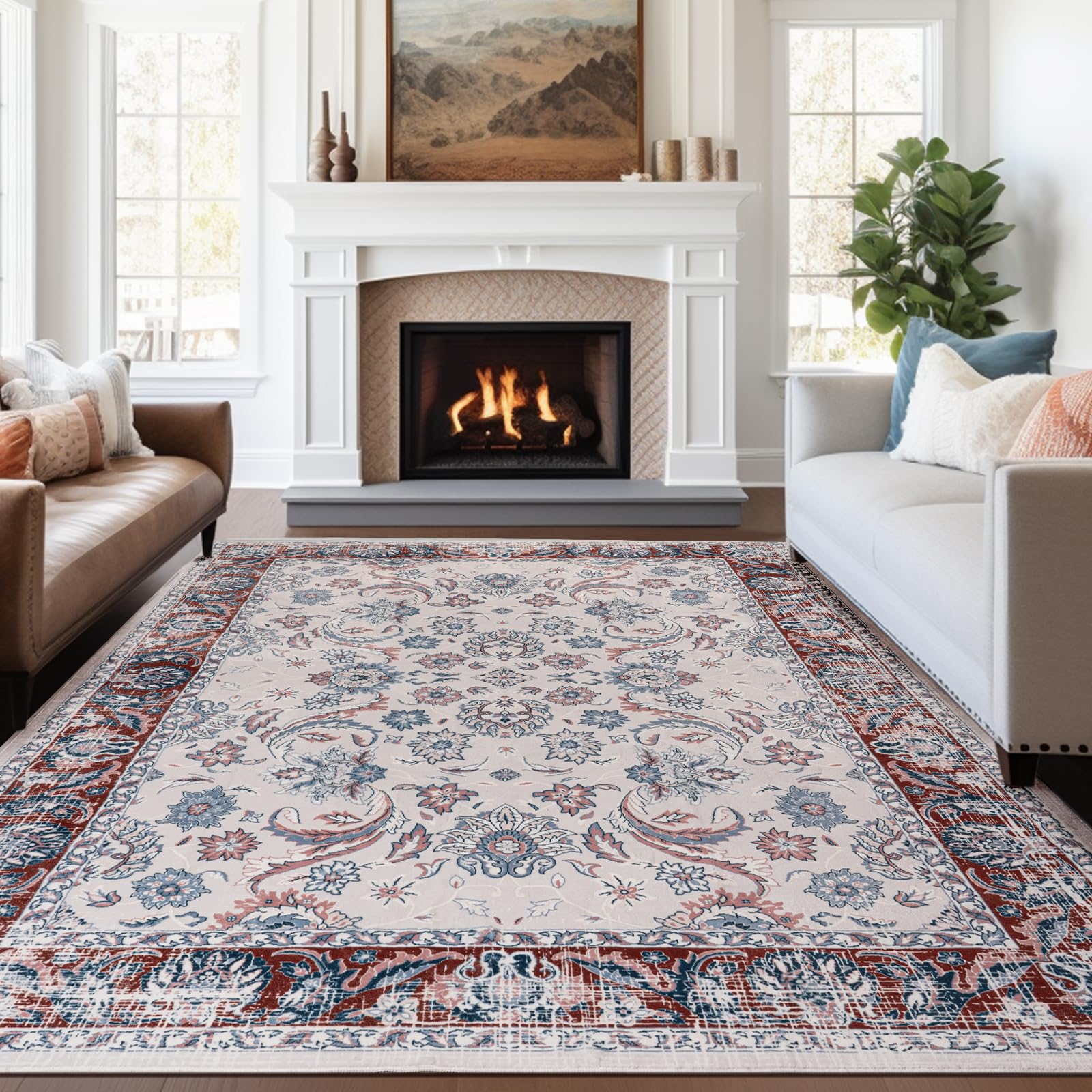 Washable Area Rugs Door Mat Entryway Vintage Floral Non-Slip Low Pile Entrance Thin Rug Carpet for Kitchen Bathroom Living Room Pink