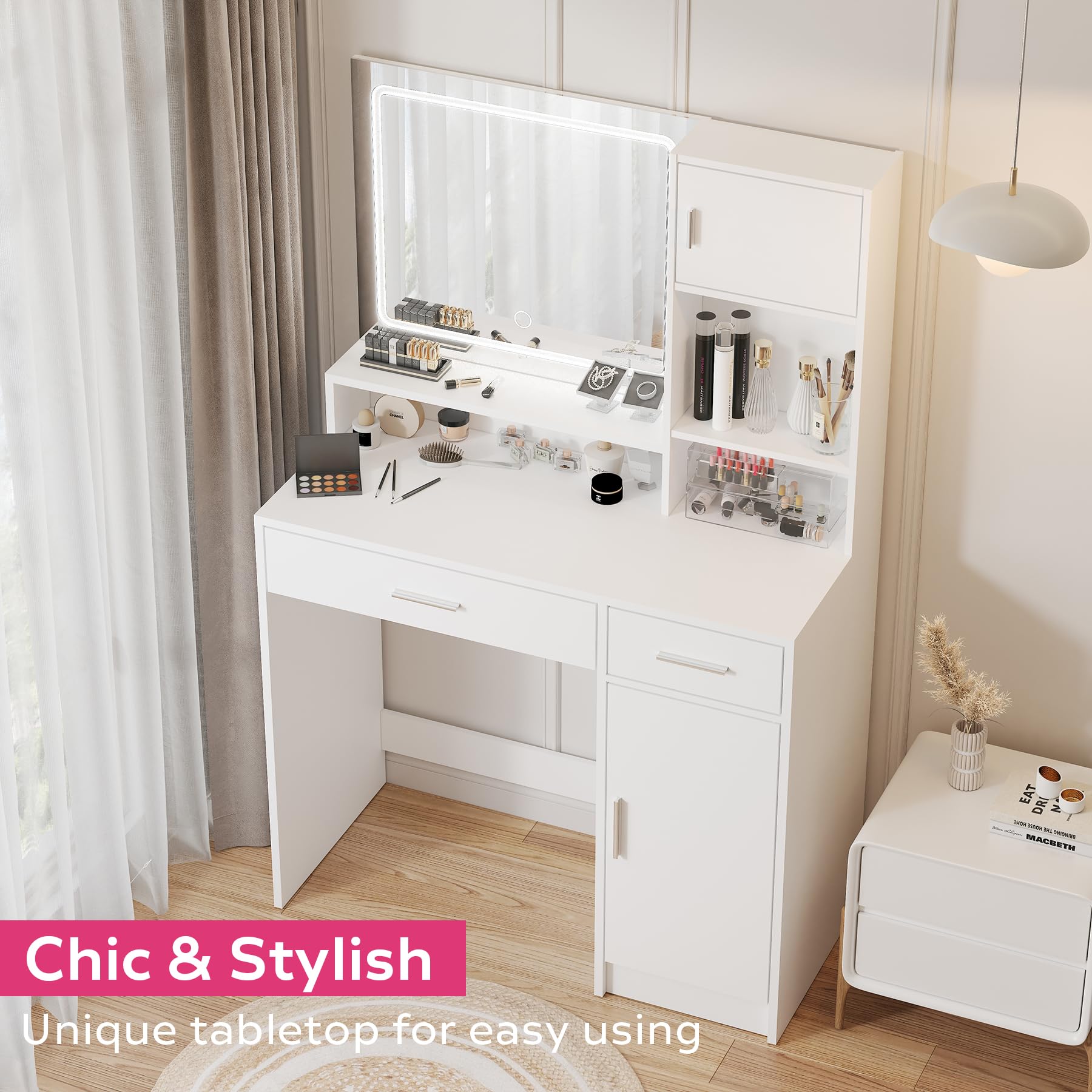 Vanity Desk with Mirror and LED Light Strip,Dressing Table with Large Drawer, 3 Level Storage Dresser & 3 Lighting Modes Adjustable Brightness