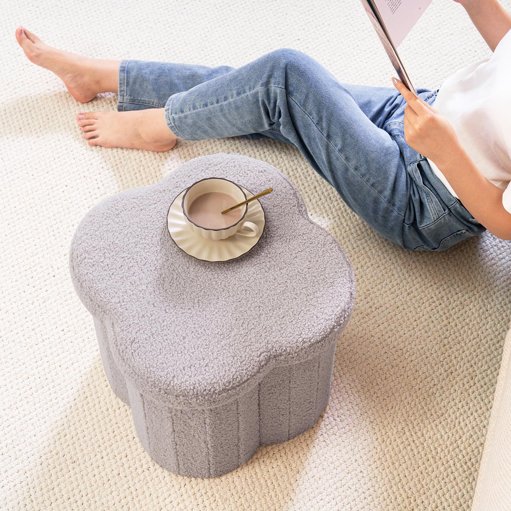 Flower-Shaped Storage Ottoman â€?Boucle Footstool & Seat for Living Room & Dorm