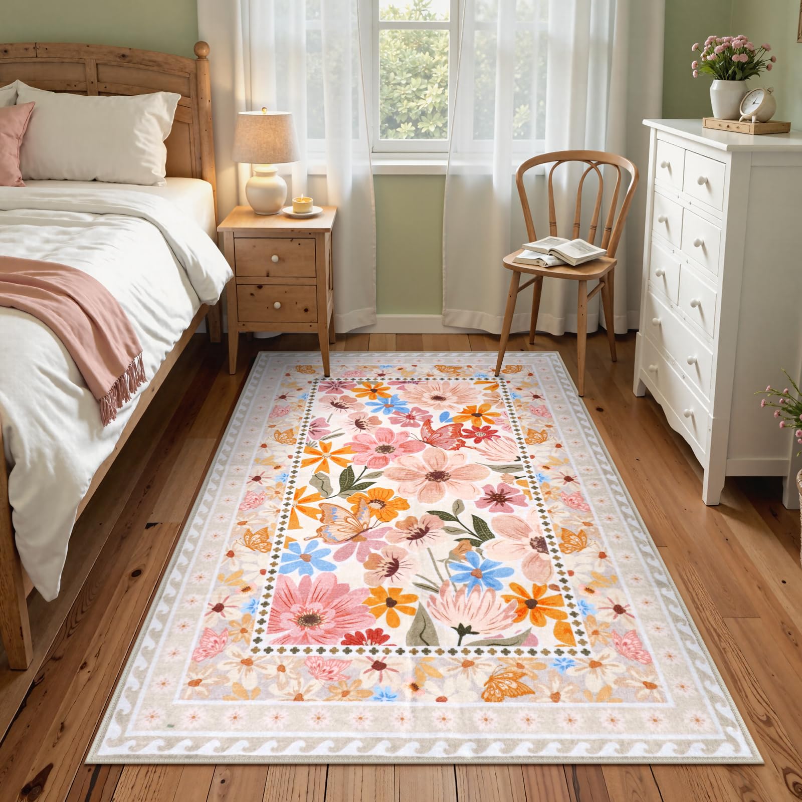 Floral Hallway Runner Rug, Runner Rugs Non Skid Washable, Low Pile Soft Boho Rugs