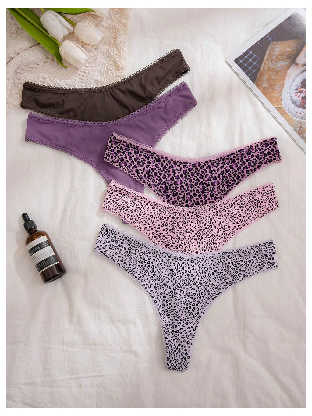 Women's 5 Pack Leopard Print Thongs Low Rise Panties Underwear Sets