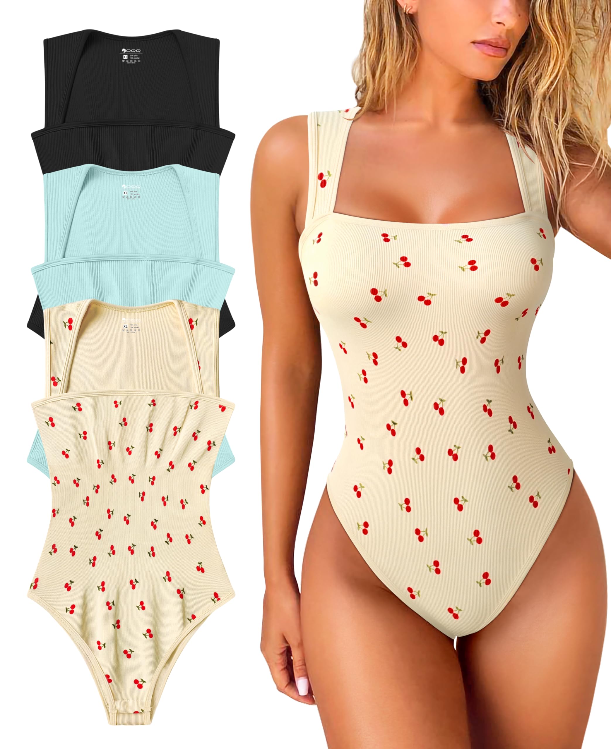 Women's 3 Piece Bodysuits Sexy Ribbed Strappy Square Neck Sleeveless Tummy Control Tank Tops Bodysuits