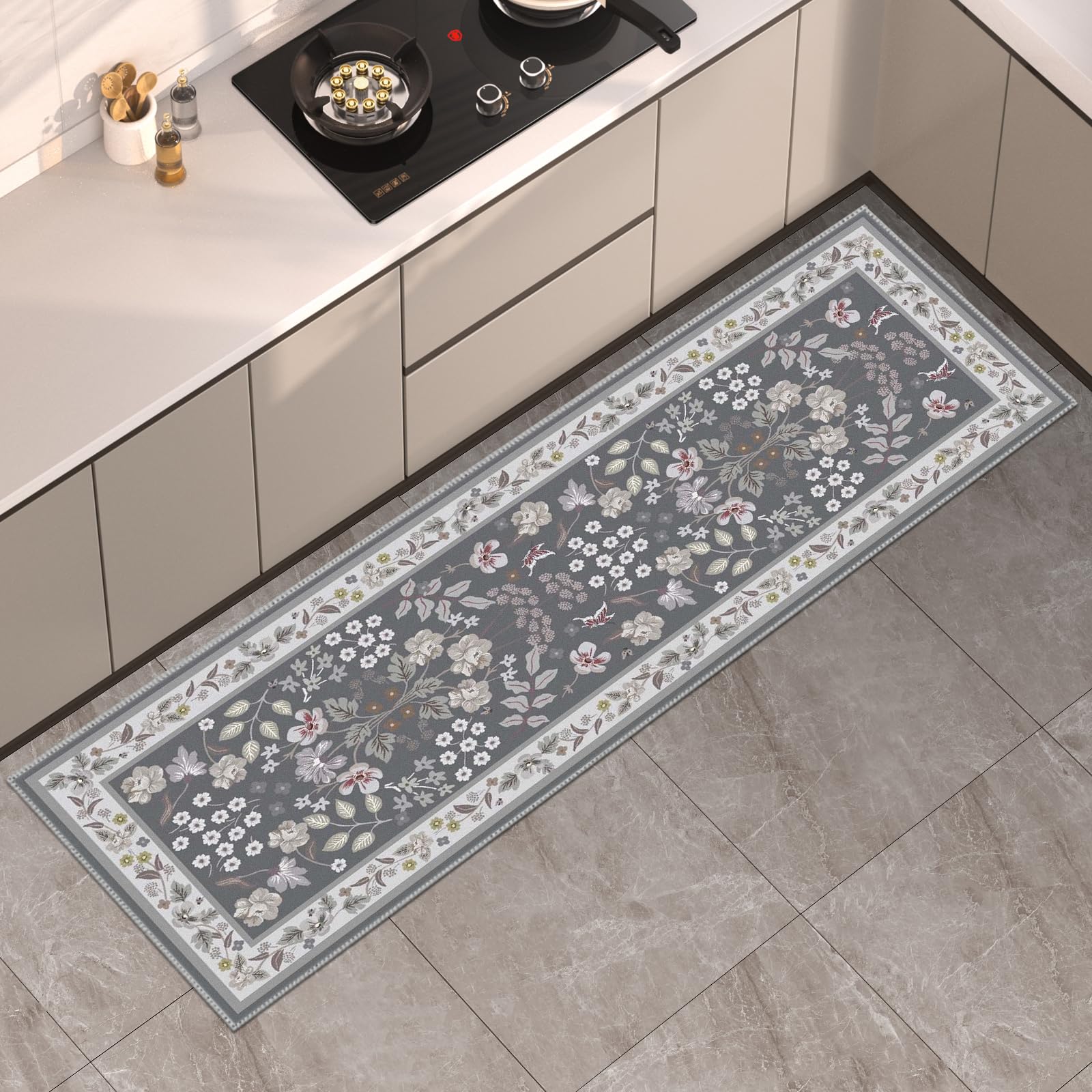 Washable Area Rug Non-Slip Area Rugs for Bedroom Soft Faux Wool Floral Rug with Rubber Backing Indoor Boho Area Rug