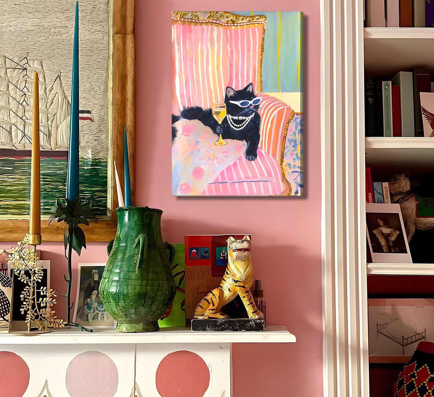 Pink Black Cat With Martini Canvas Wall Art Pink Dopamine Bar Cart Wall Decor Eclectic Coquette Aesthetic Poster Print