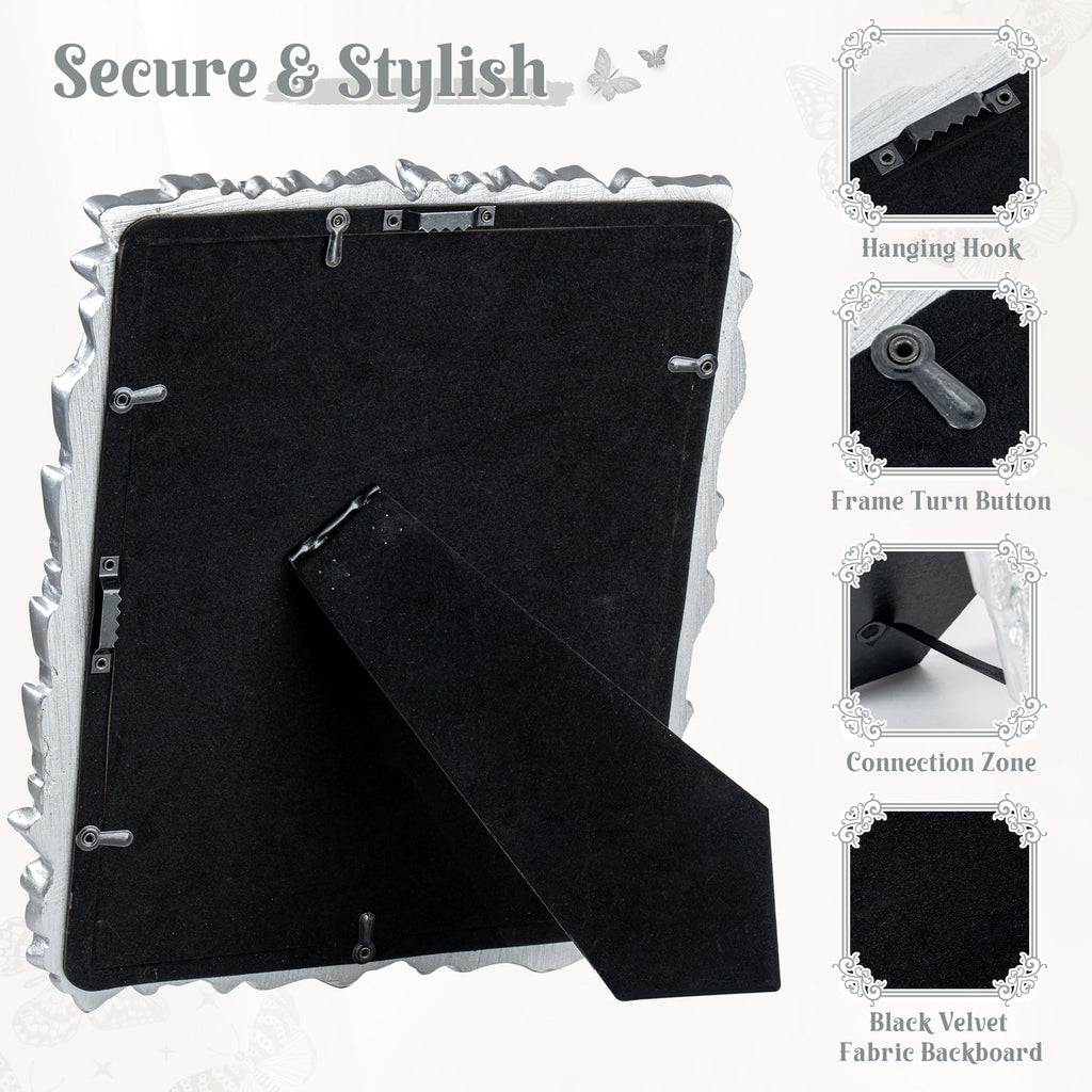 Picture Frame with High Tempered Glass, Butterfly Textured Hand-Crafted Resin Cute Photo Frame with Easel & Hook for Tabletop & Wall Display