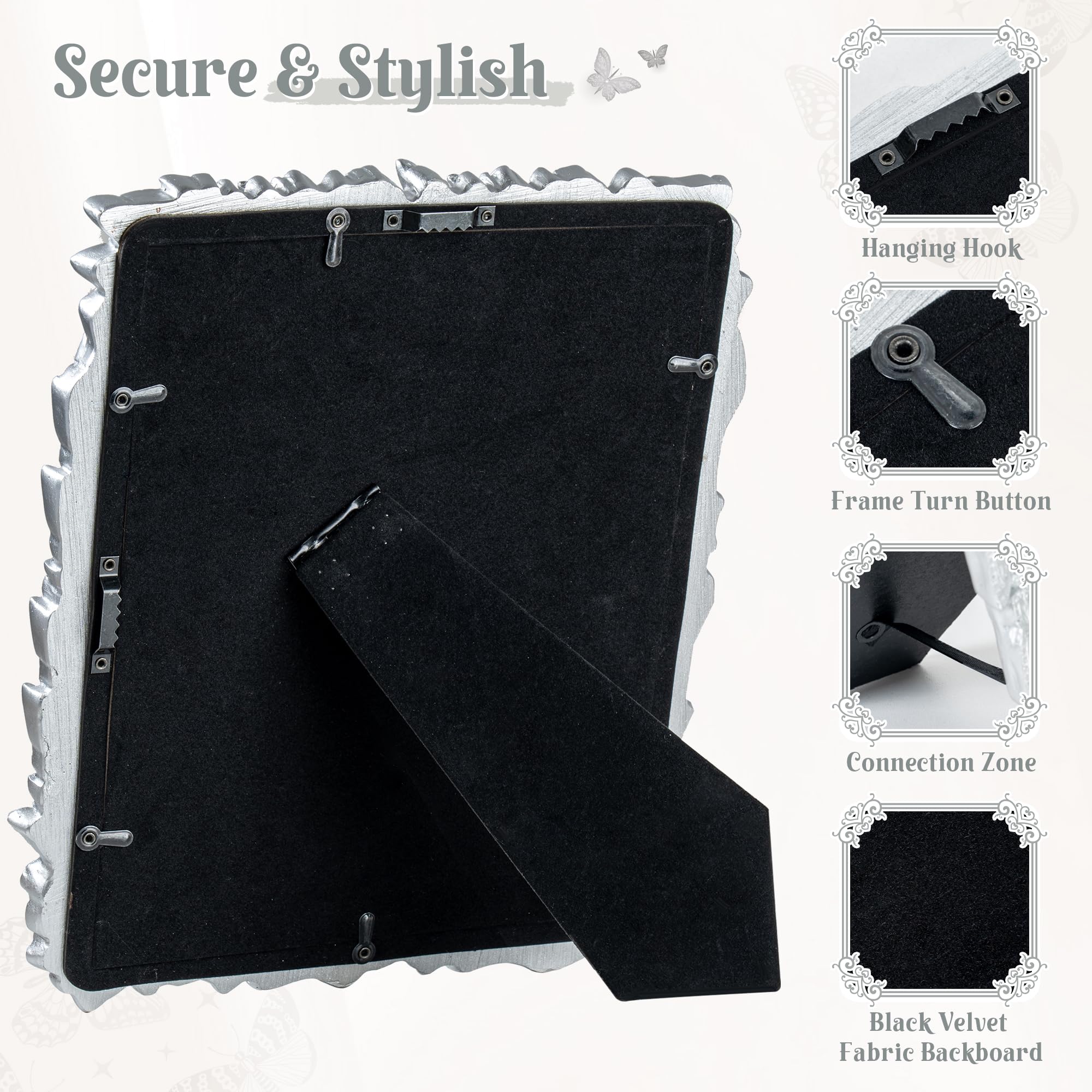 Picture Frame with High Tempered Glass, Butterfly Textured Hand-Crafted Resin Cute Photo Frame with Easel & Hook for Tabletop & Wall Display