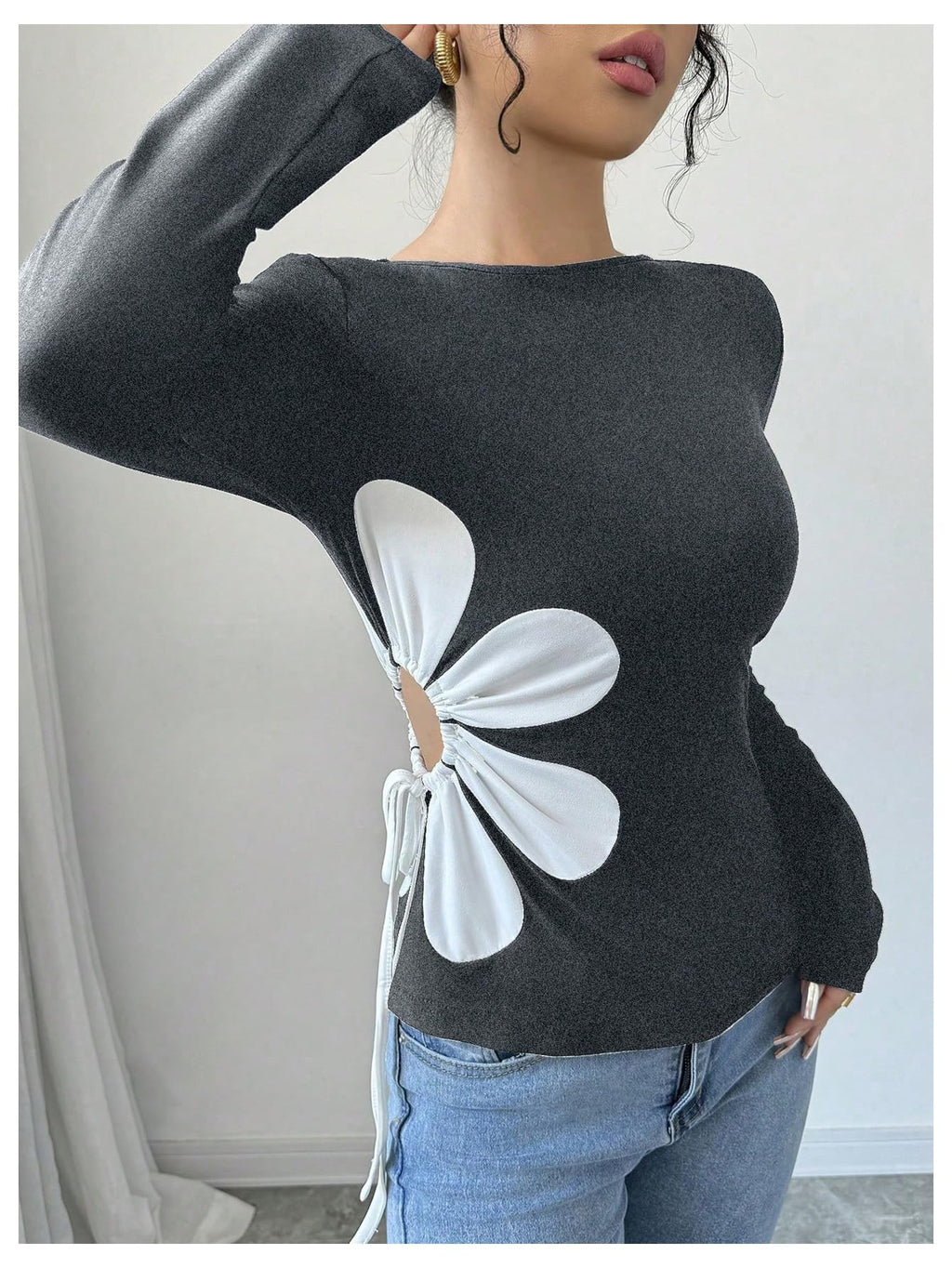 Women's Floral Pattern Hollow Out Tie Side T Shirts Crew Neck Long Sleeve Tee Tops