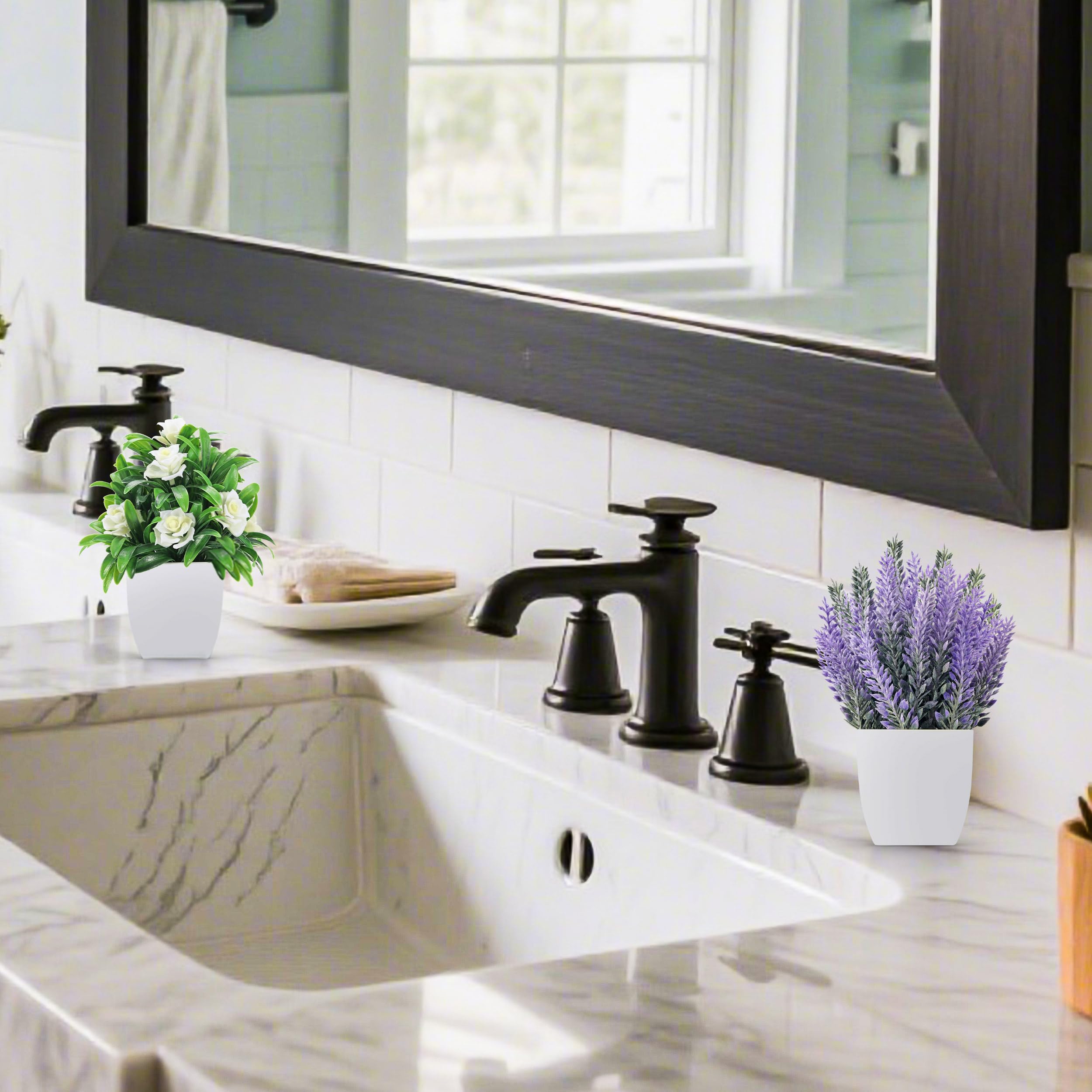 Small Fake Plants Faux Plants Indoor with Flowers for Home Bathroom Kitchen Office Desk Decor 2 Pack