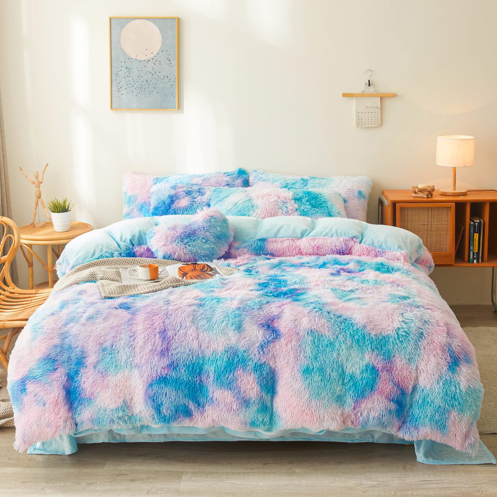 Fluffy Faux Fur Comforter Cover Set Queen - Ultra Soft Plush Bedding Sets 3 Pieces (1 Fluffy Duvet Cover + 2 Faux Fur Pillow case) Cute Bed Set
