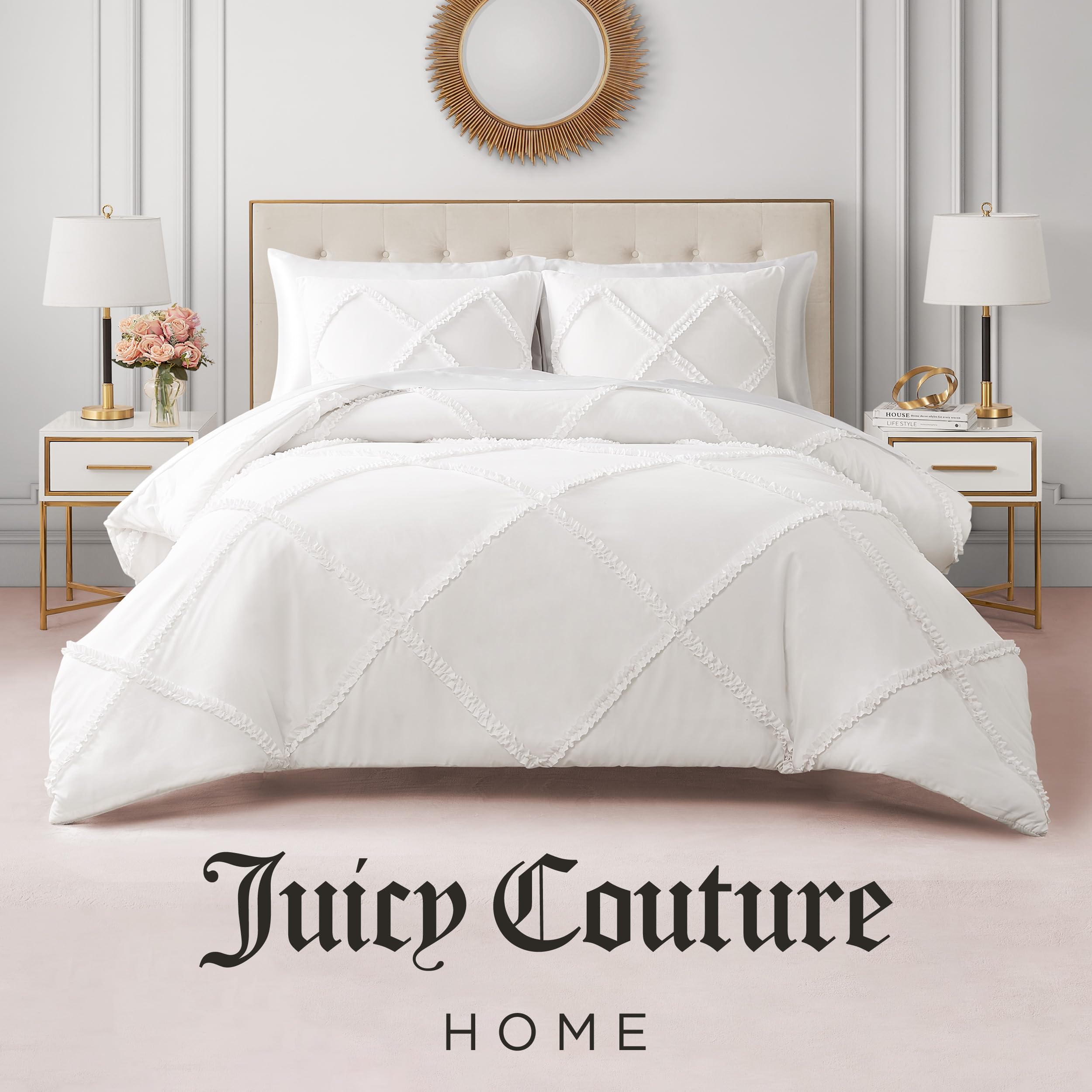 Juicy Couture Diamond Queen Comforter Set - Ruffle 3-Piece Machine Washable Reversible Bedding Comforter Set