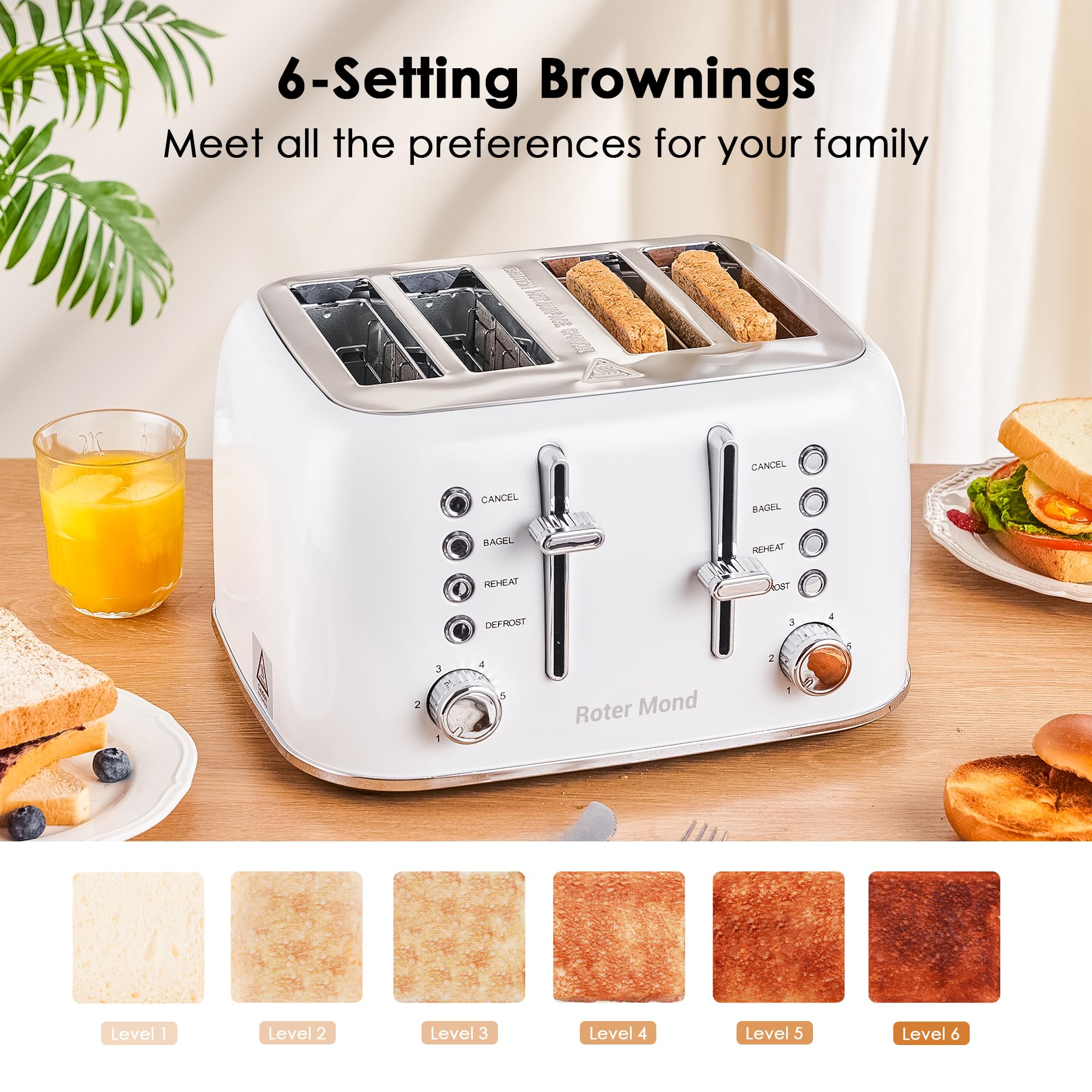 Toaster 4 Slice Retro Stainless Steel with Extra Wide Slots, Reheat Function, Dual Independent Control Panel, Removable Crumb Tray, 6 Browning Levels