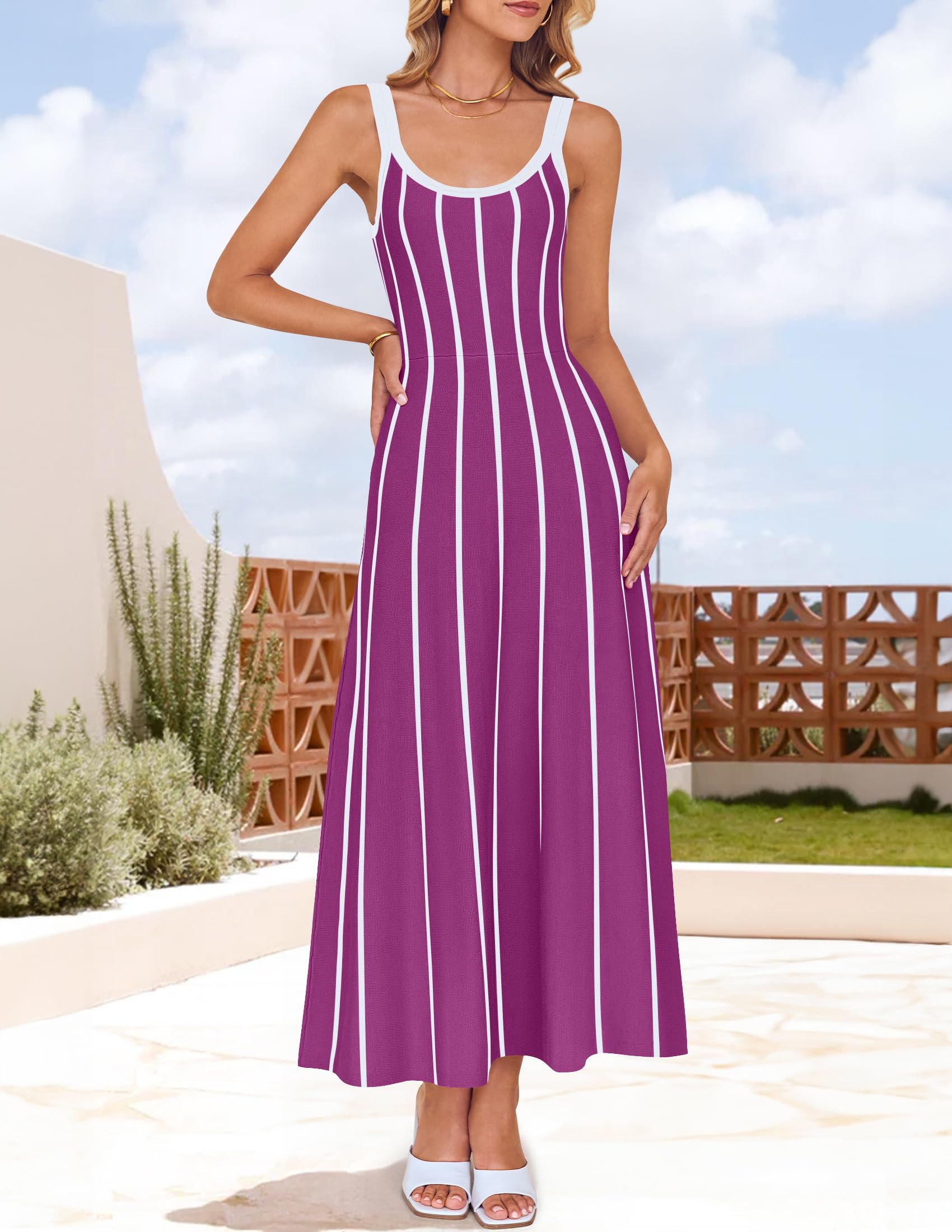 Wome's Summer Sleeveless Striped Midi Dress 2025 Knit Casual Elegant A Line Swing Long Dresses
