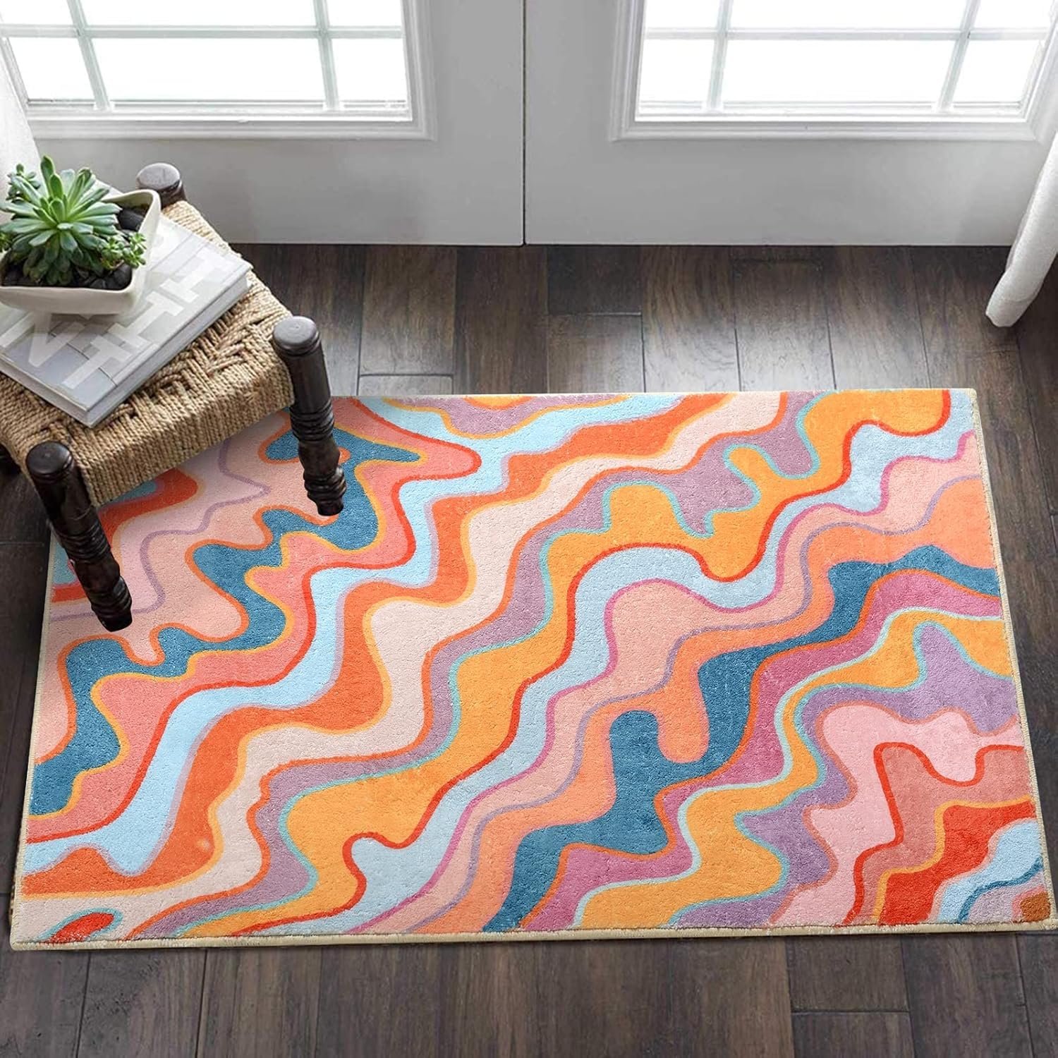 Vintage Abstract Small Area Rug Hippie Aesthetic Groovy Striped Cute Bathroom Rug Non-Slip Colorful Orange and Blush Washable Throw Rug for Kitchen Entryway Indoor Doormat