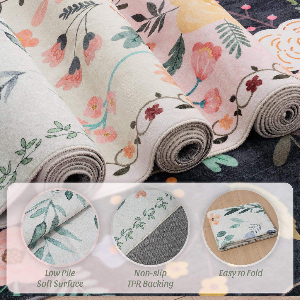 Washable Floral Rugs with Non Slip Backing, Stain Resistant, Floral Soft Low-Pile