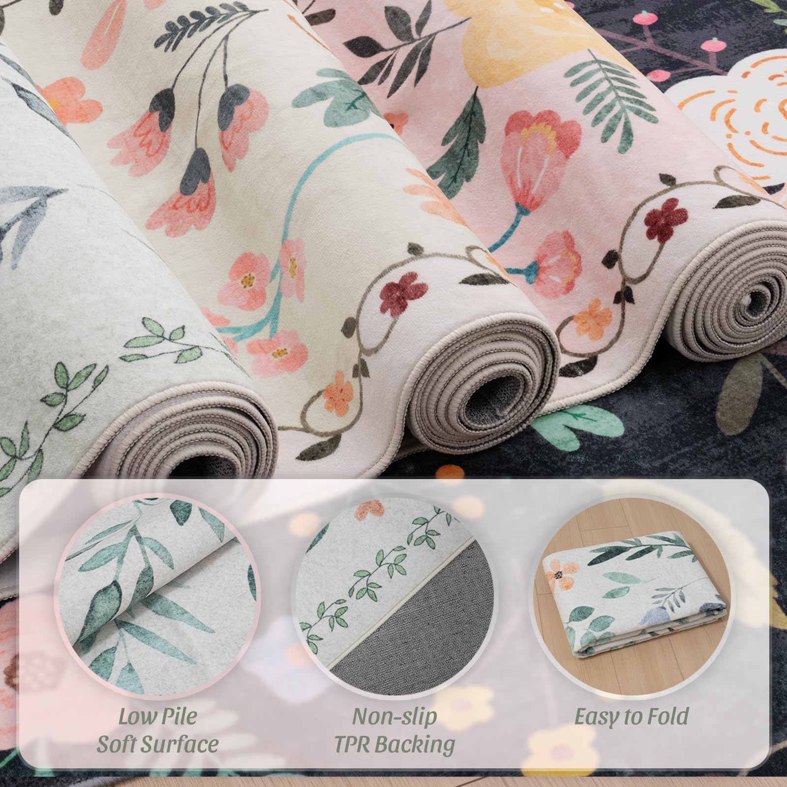 Washable Floral Rugs with Non Slip Backing, Stain Resistant, Floral Soft Low-Pile