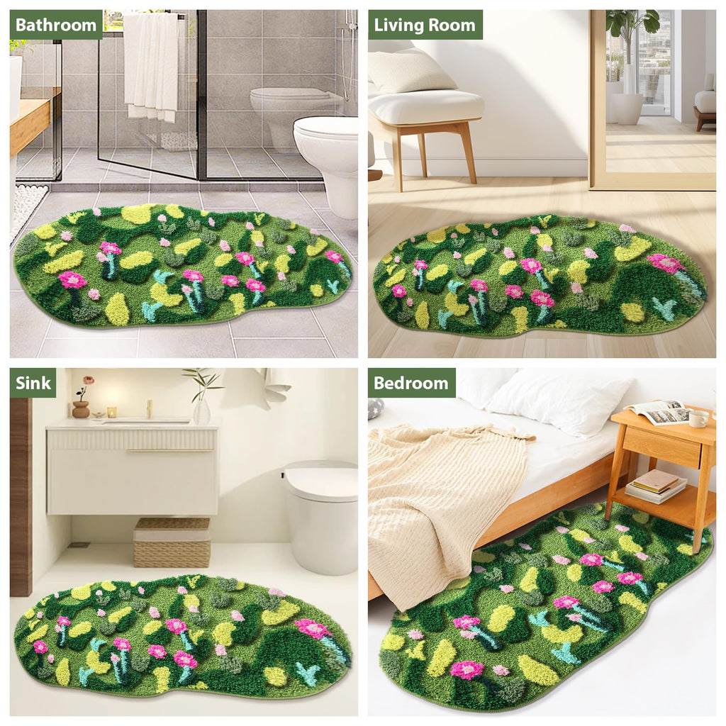 Green Moss Bathroom Rugs Bath Mat Non Slip, Ultra Soft Absorbent Aesthetic Decor Shaggy Tufted Flower Long Bath Rugs