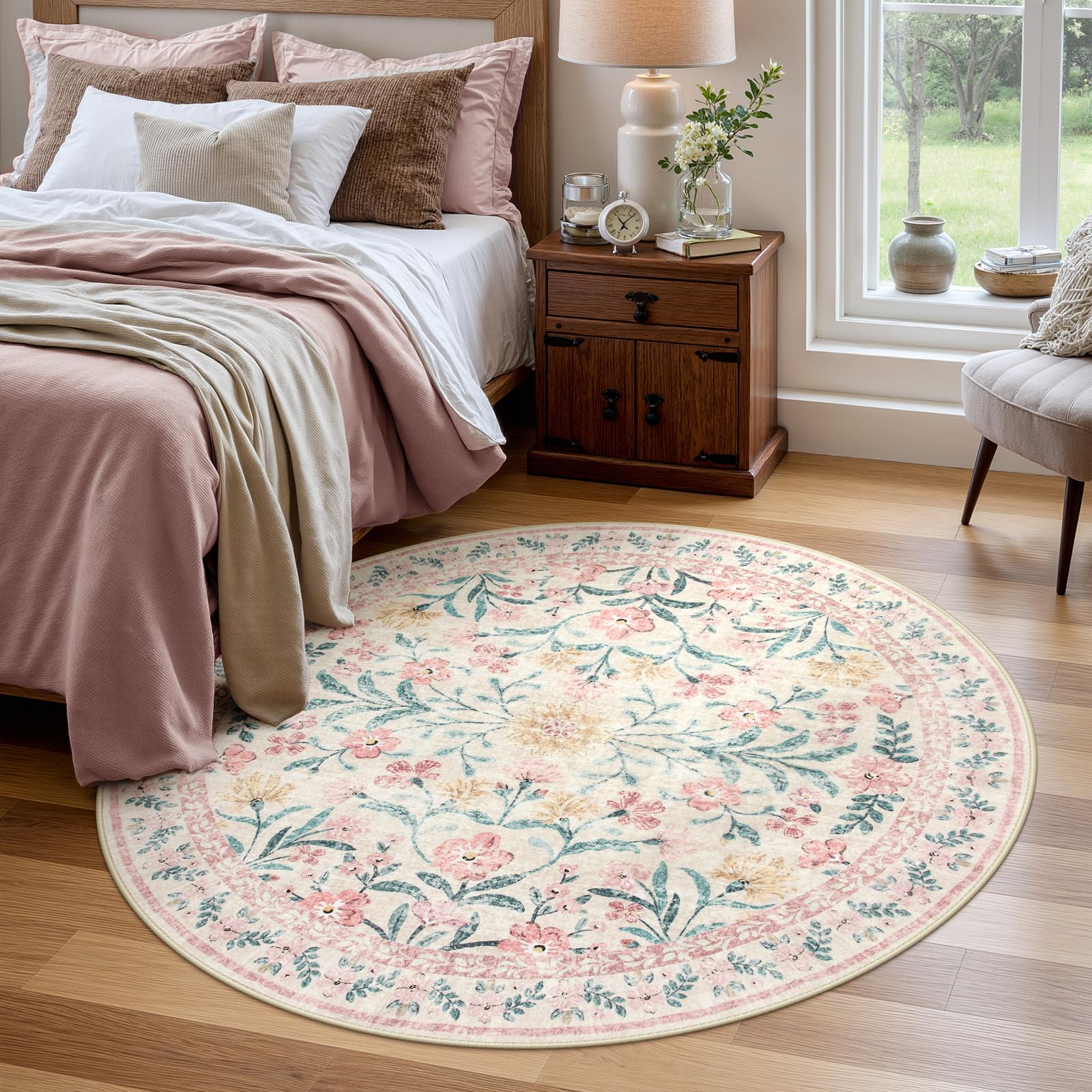 Machine Washable Boho Soft Floral Carpet Non Slip, Indoor Ultra-Thin Floor Carpet for Kid Room Living Room Dorm