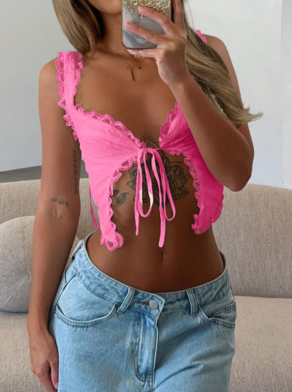 Women's Eyelet Embroidery Lace Trim Tie Front Crop Top and Mini Skirt Set Summer 2 Pieces Outfits