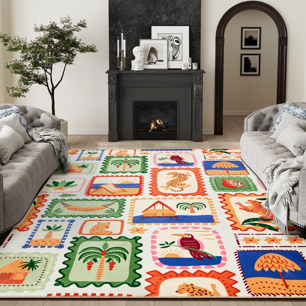 Summer Tropical Area Rug in Green and Orange Washable, Checkered Abstract Jungle Animals Cute Fun Aesthetic Throw Rug Accent Carpet for Bedroom Entryway Living Room Dorm Nursery